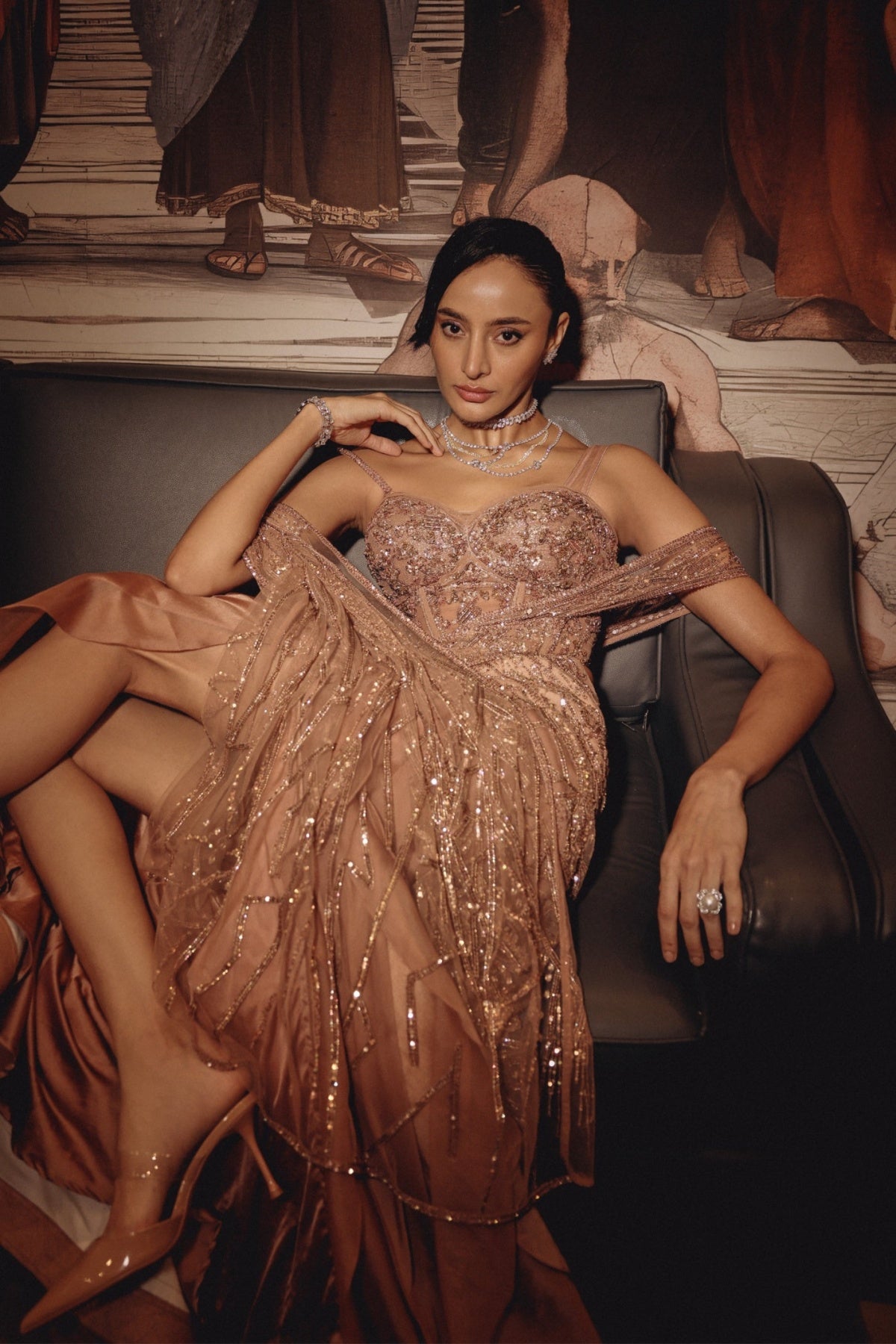 ROSE GOLD DRAPED RUFFLE SAREE - Ready To Ship