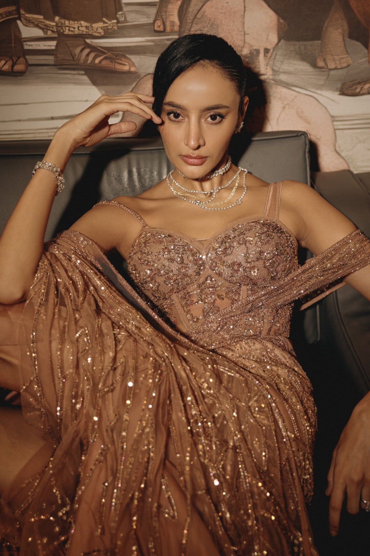 ROSE GOLD DRAPED RUFFLE SAREE - Ready To Ship