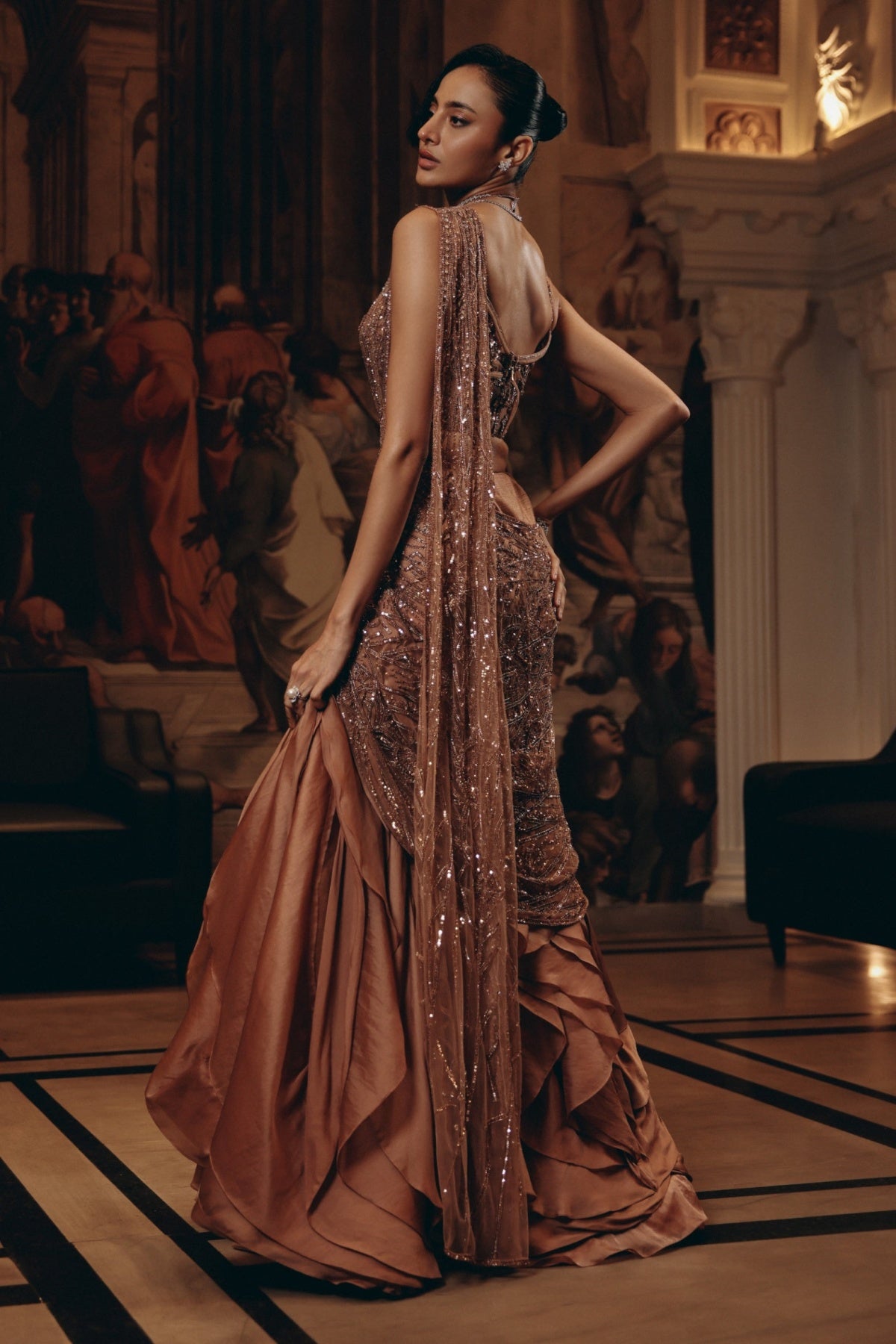ROSE GOLD DRAPED RUFFLE SAREE - Ready To Ship