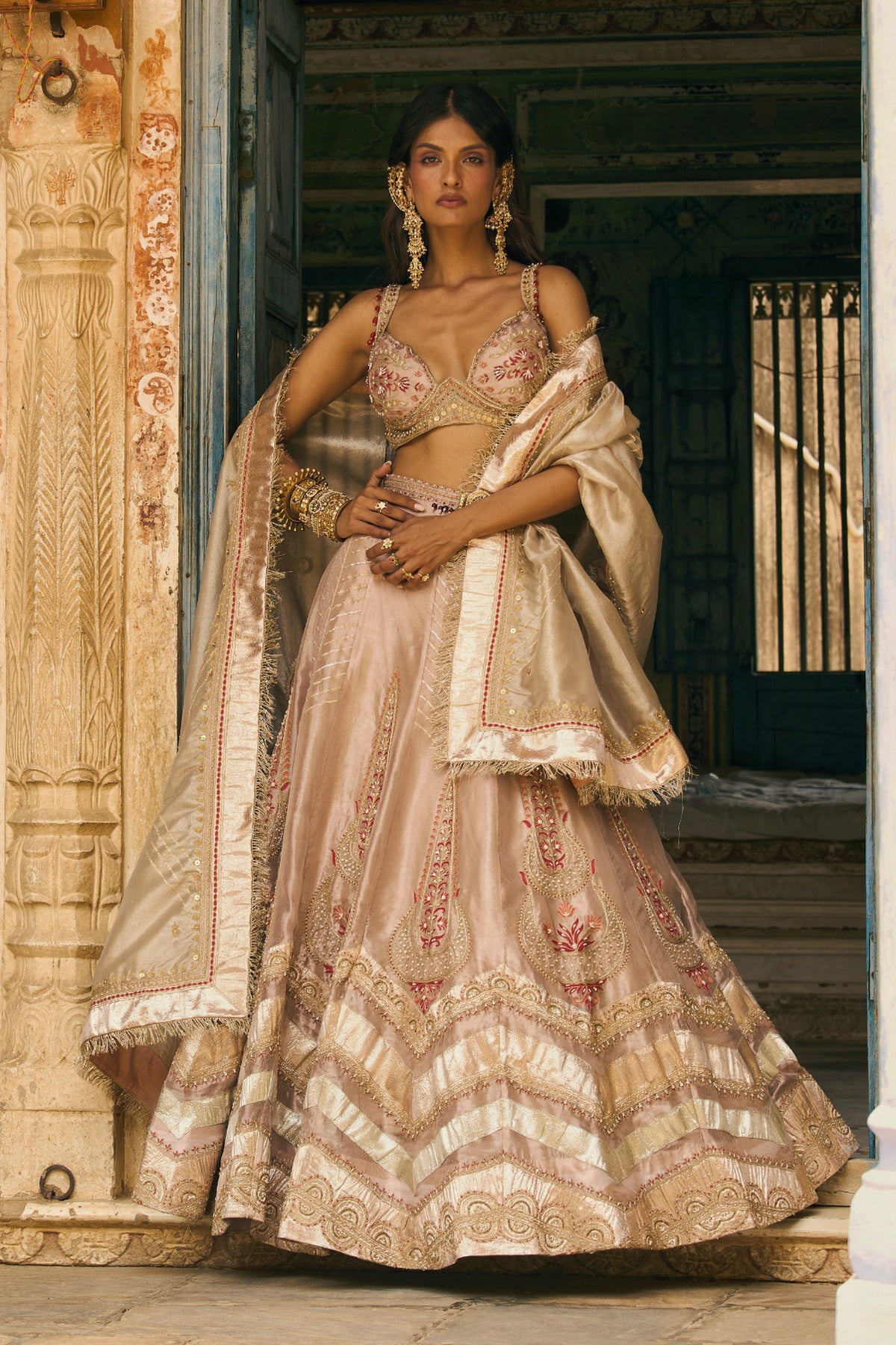 Rose Gold Silk Zari Tissue lehenga set- Ready To Ship