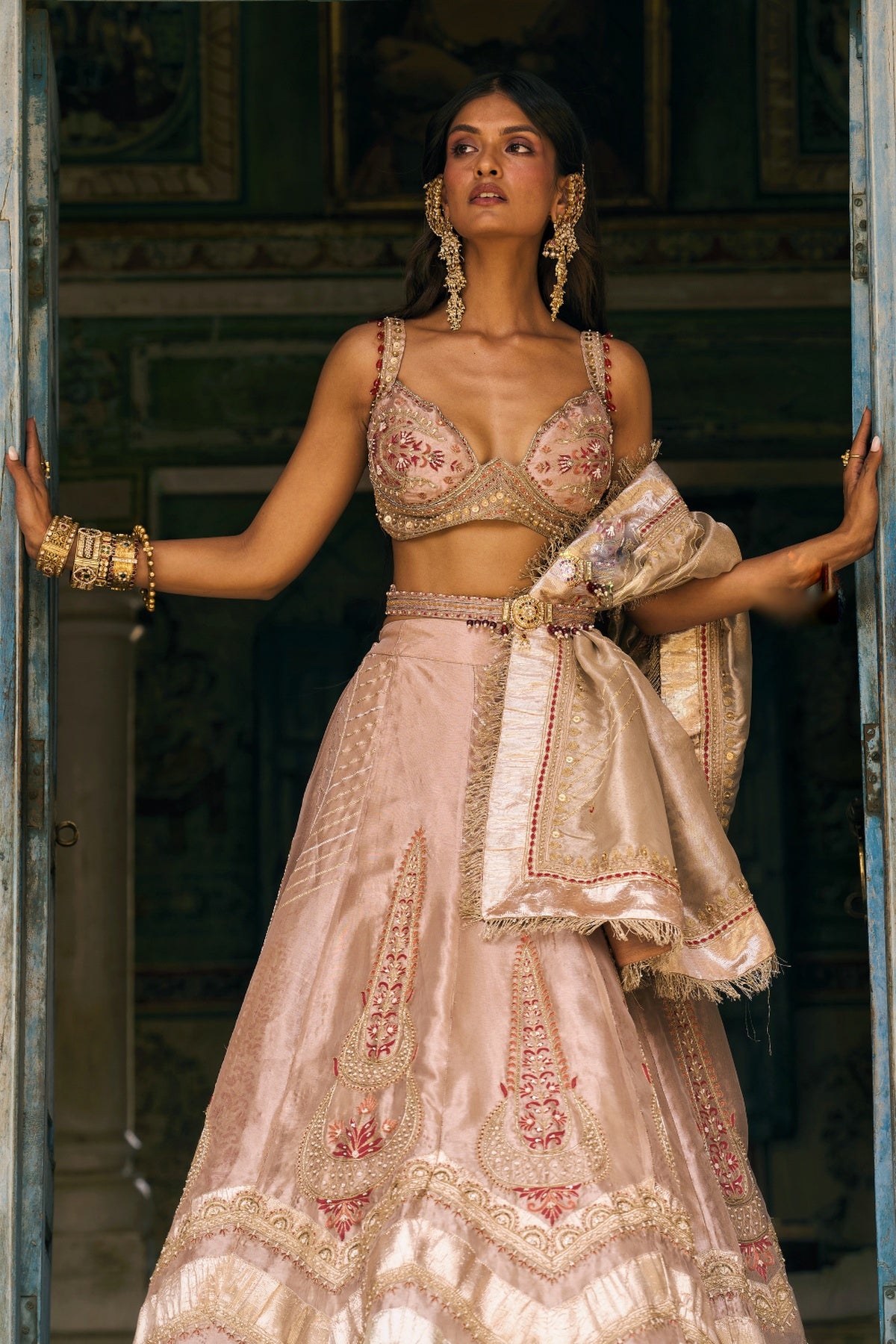 Rose Gold Silk Zari Tissue lehenga set- Ready To Ship
