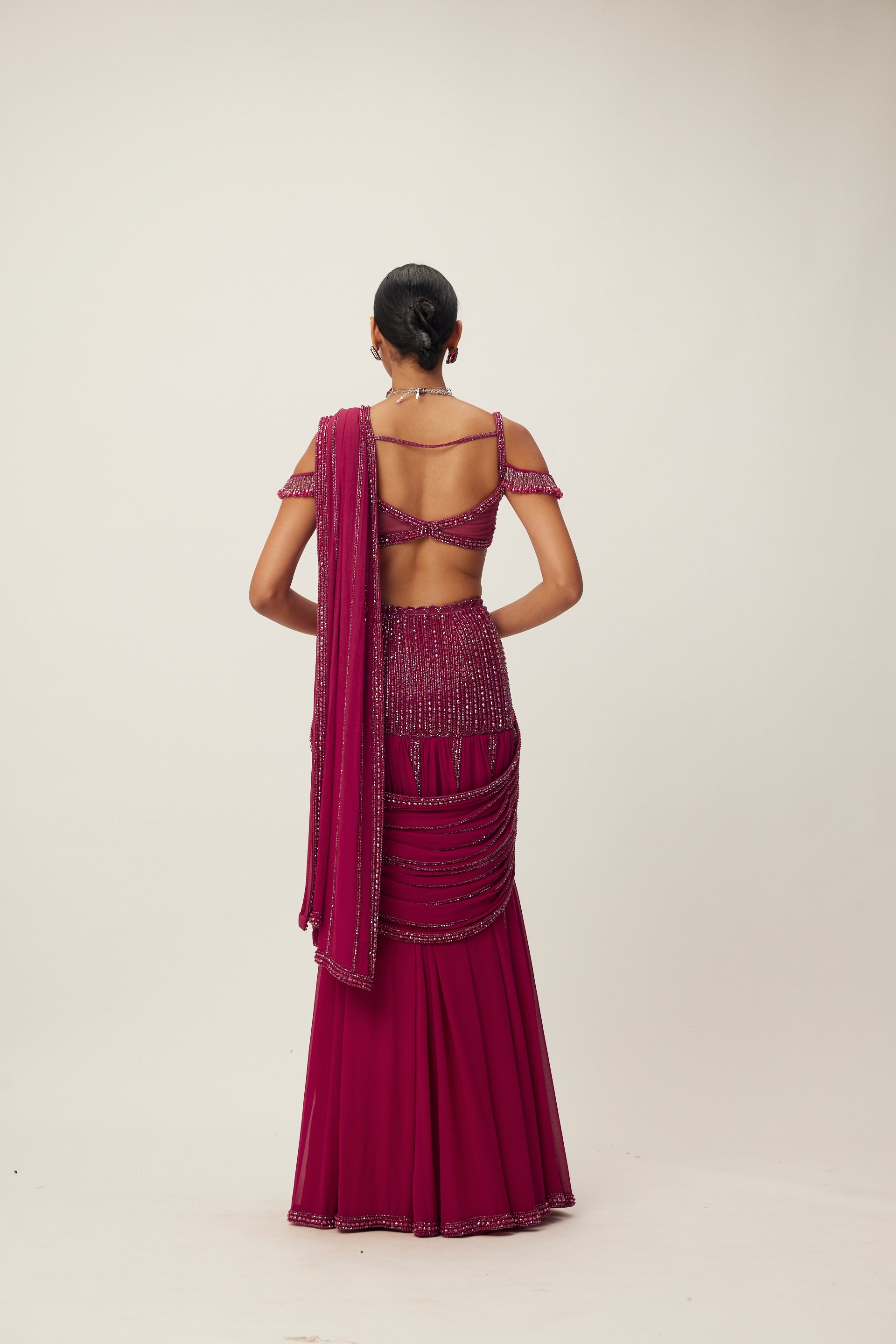 Ruby Red Pre Draped Crystal Embellished Saree Set