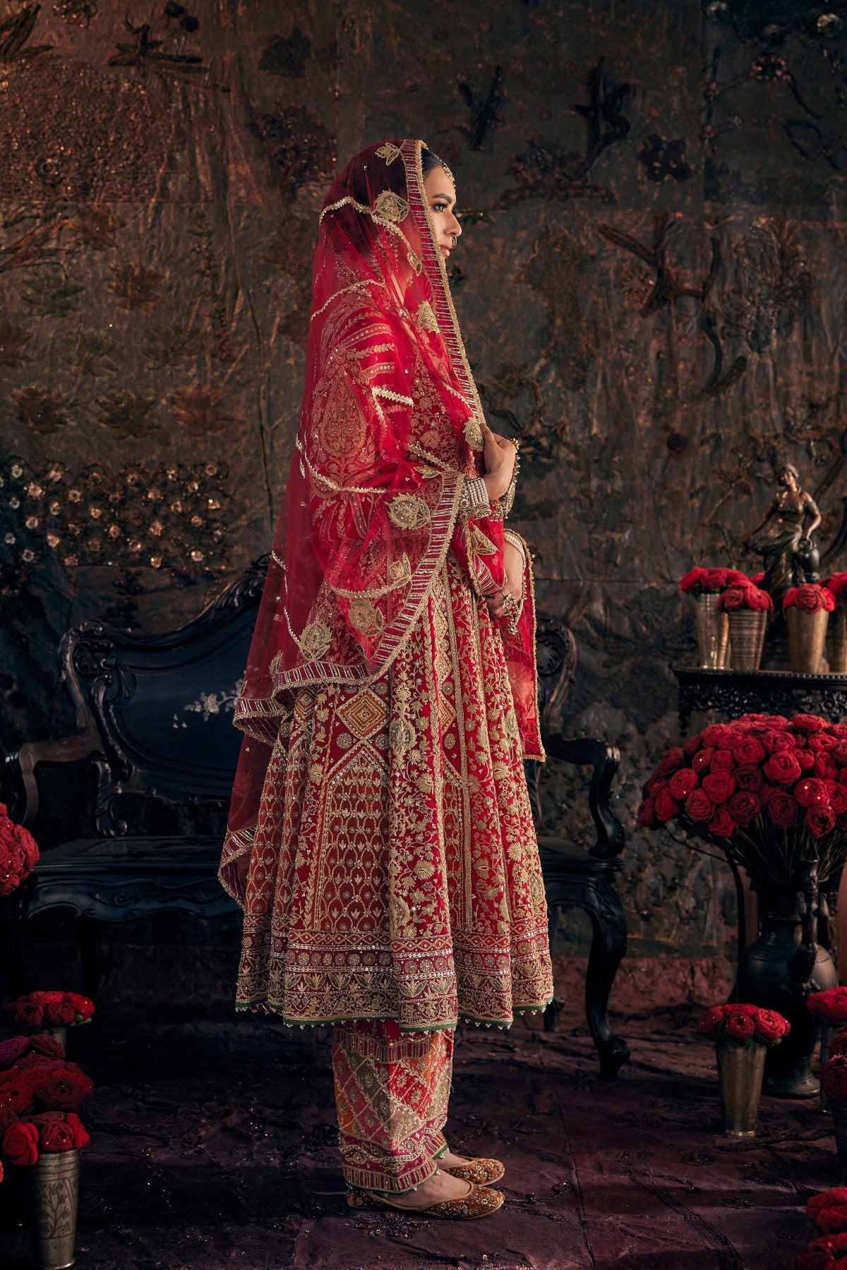 Scarlet Red Embroidered Kalidar Set