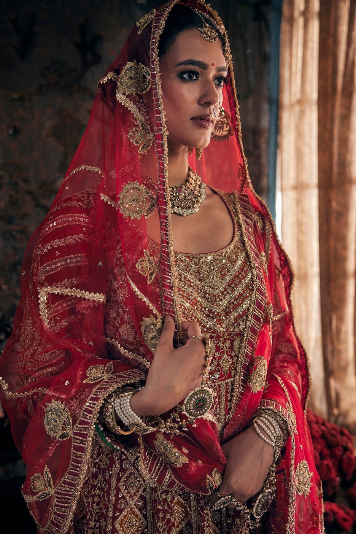 Scarlet Red Embroidered Kalidar Set