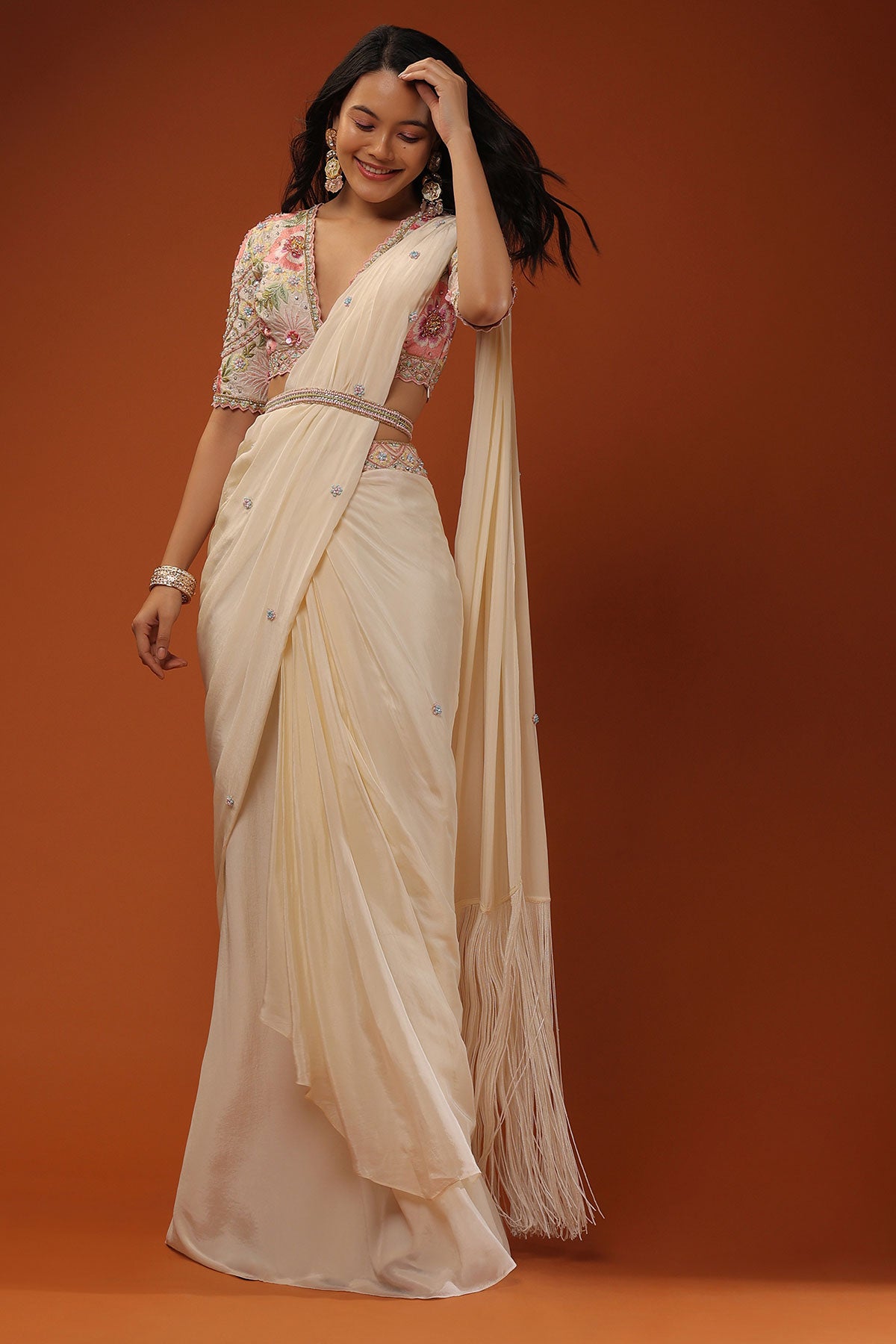 Cream White Ready Tp Wear Saree With Floral Hand Work On The Blouse