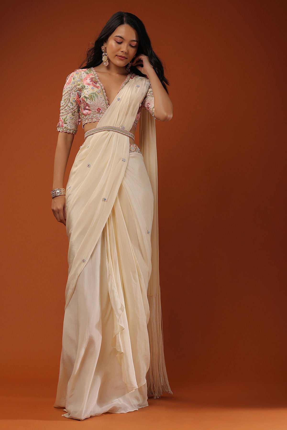 Cream White Ready Tp Wear Saree With Floral Hand Work On The Blouse