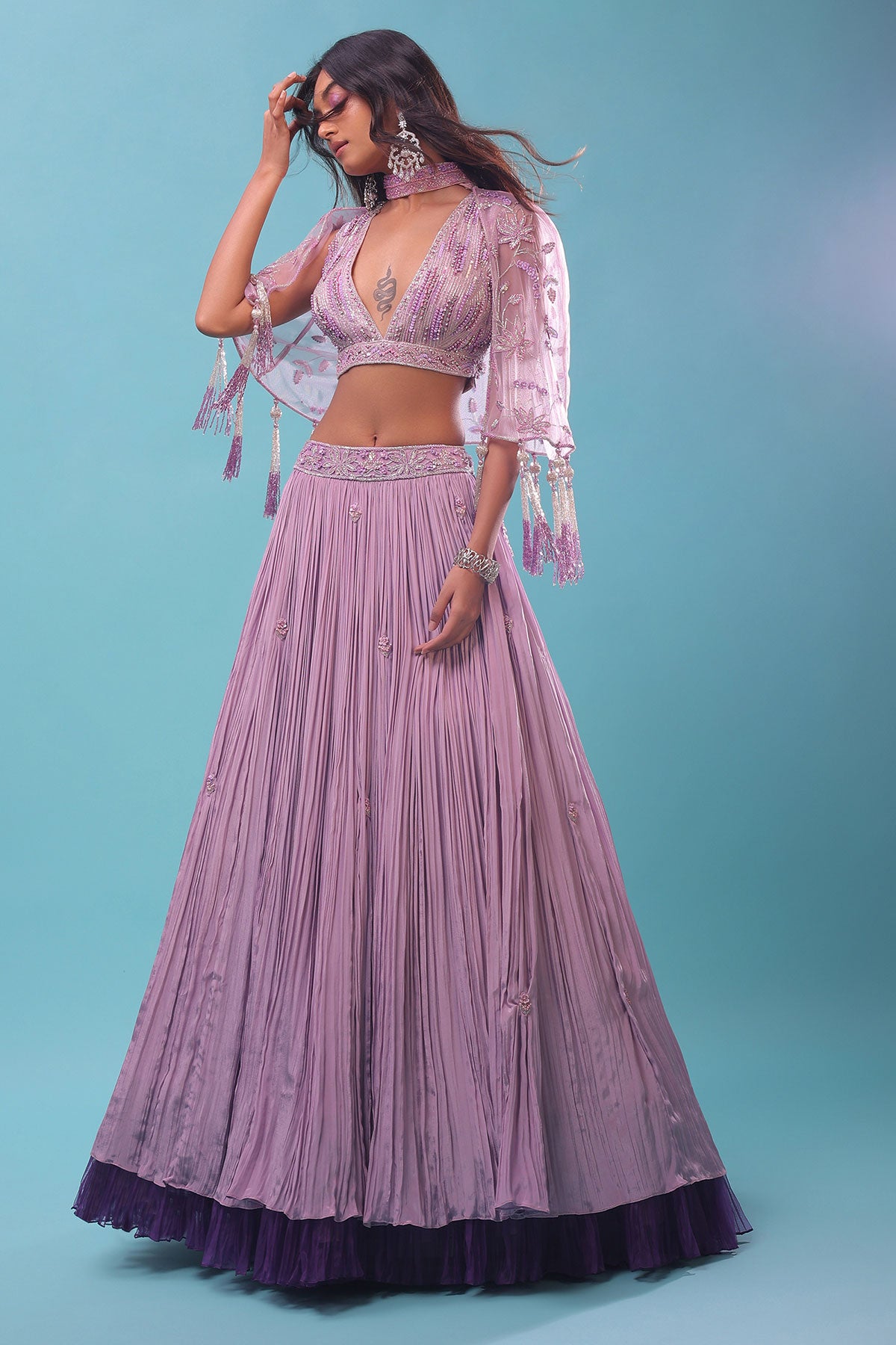 Ombre Lehenga And Crop Top In Moti Cut An Dana Embroidery, Cape Jacket In Tassels Fringes At The Border