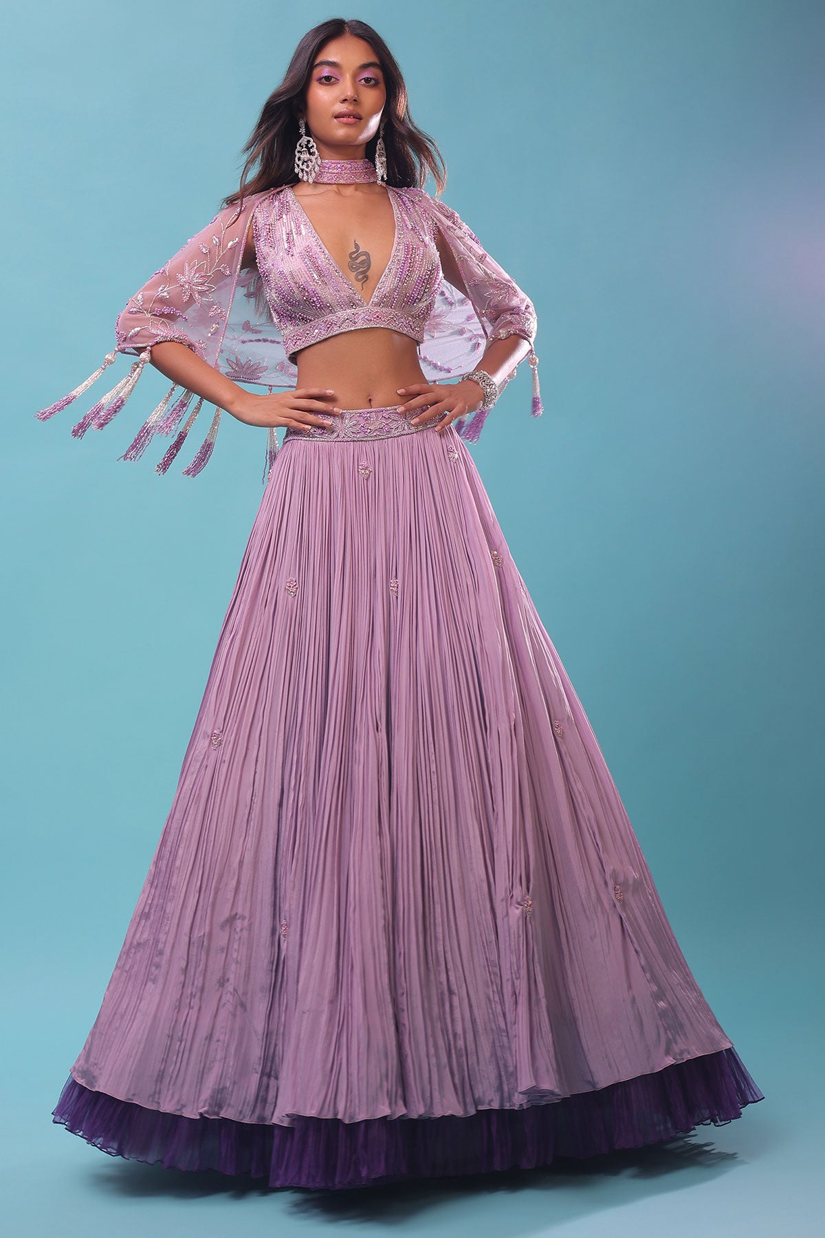 Ombre Lehenga And Crop Top In Moti Cut An Dana Embroidery, Cape Jacket In Tassels Fringes At The Border