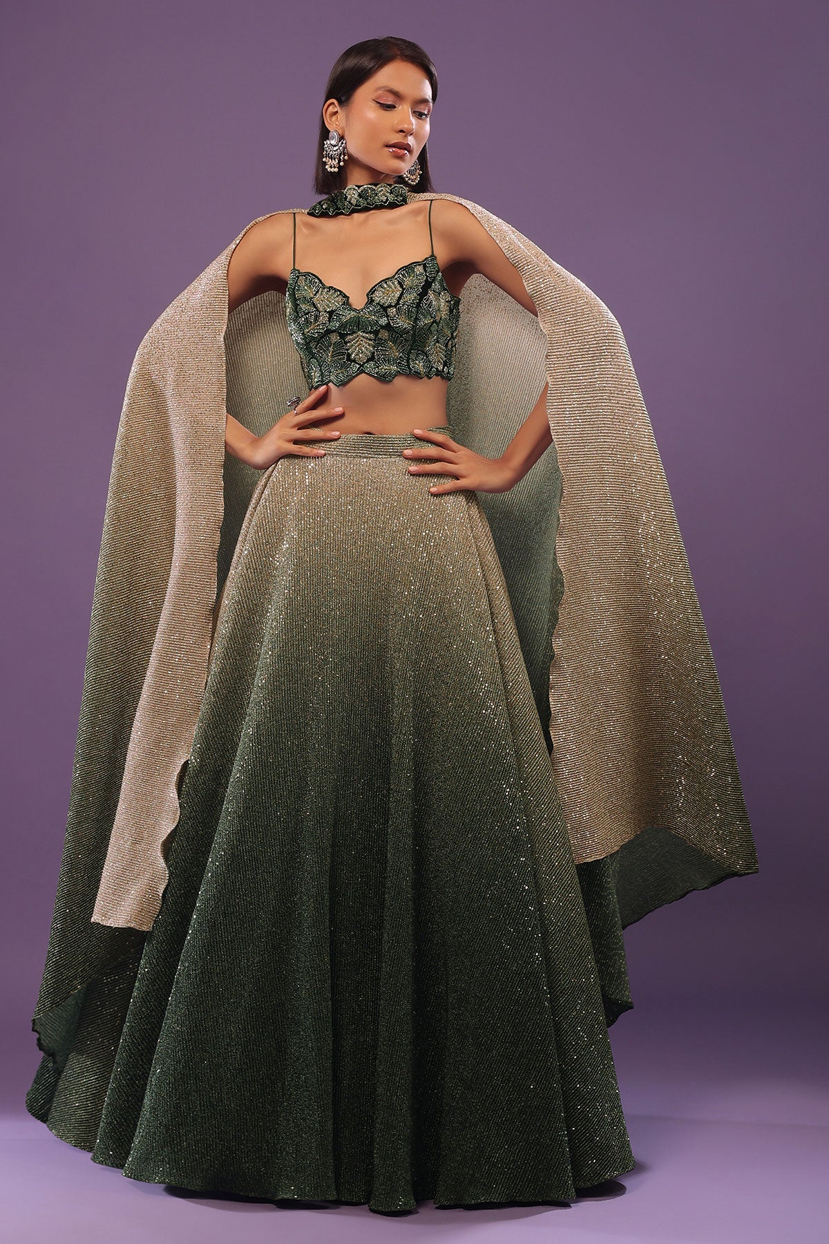 Deep Green Ombre And Gold Embroidered Lehenga Set With Sequins Embroidery