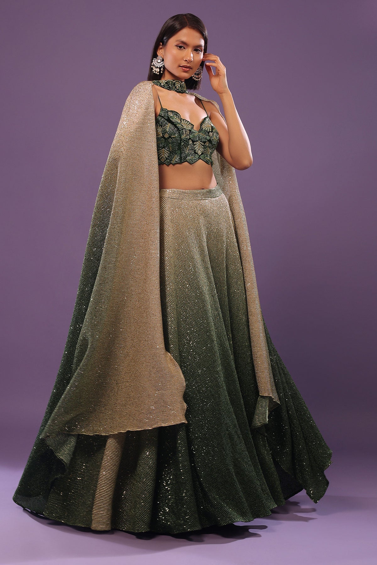Deep Green Ombre And Gold Embroidered Lehenga Set With Sequins Embroidery