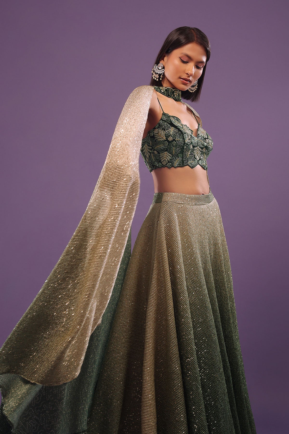 Deep Green Ombre And Gold Embroidered Lehenga Set With Sequins Embroidery