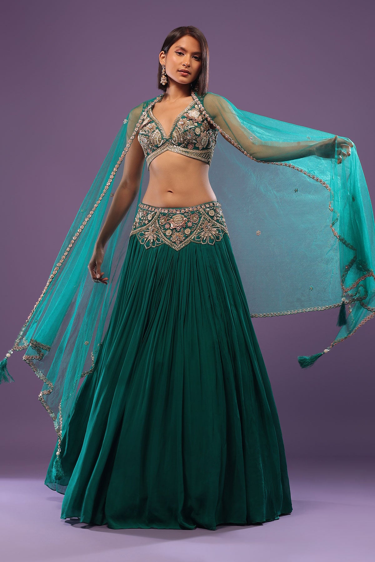 Emerald Green Embroidered Lehenga Set In Georgette