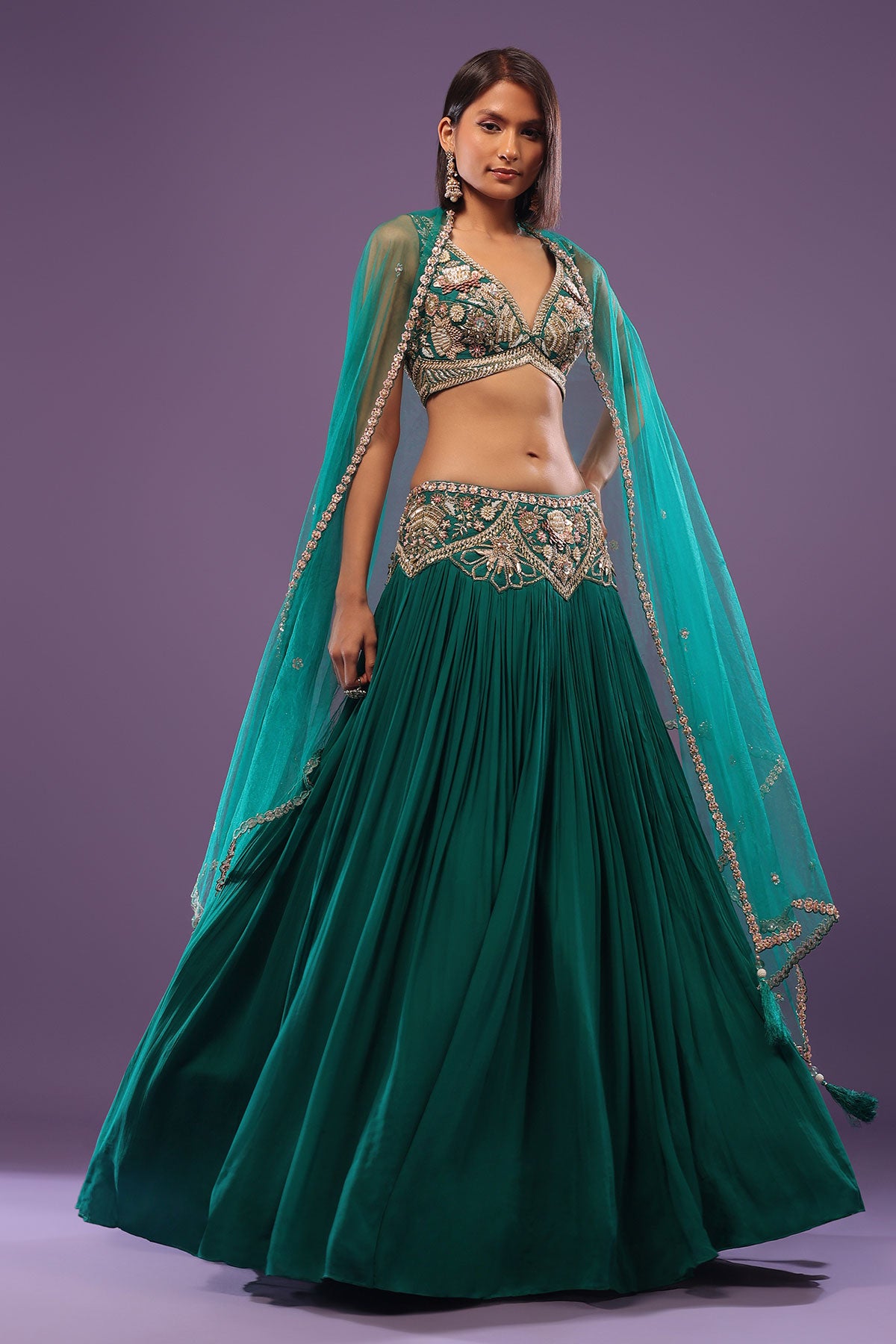 Emerald Green Embroidered Lehenga Set In Georgette