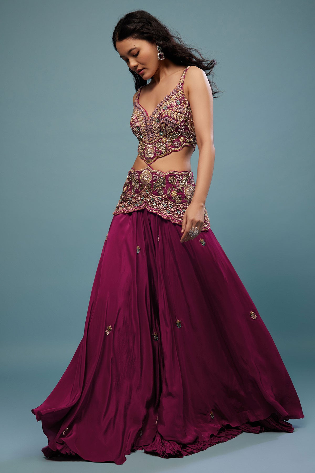 Plum Purple Embroidered Jumpsuit In Satin