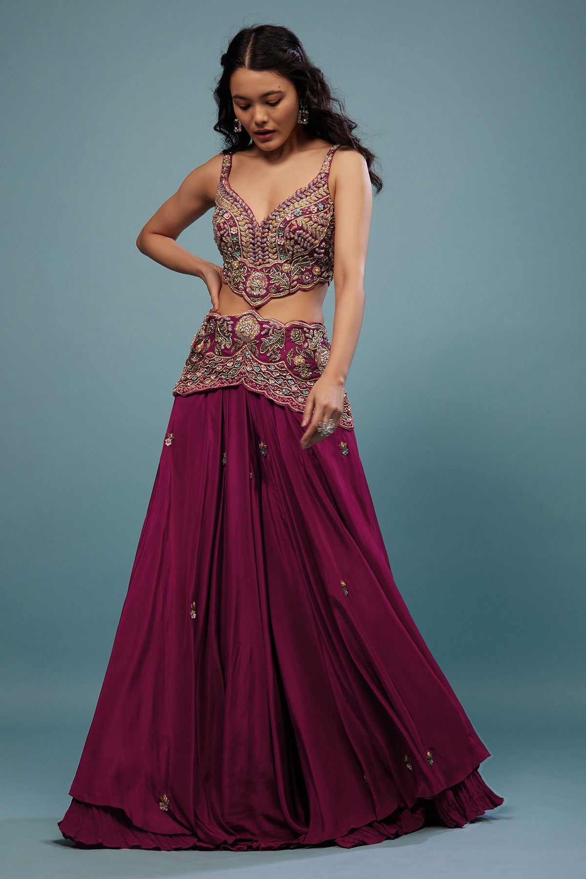 Plum Purple Embroidered Jumpsuit In Satin
