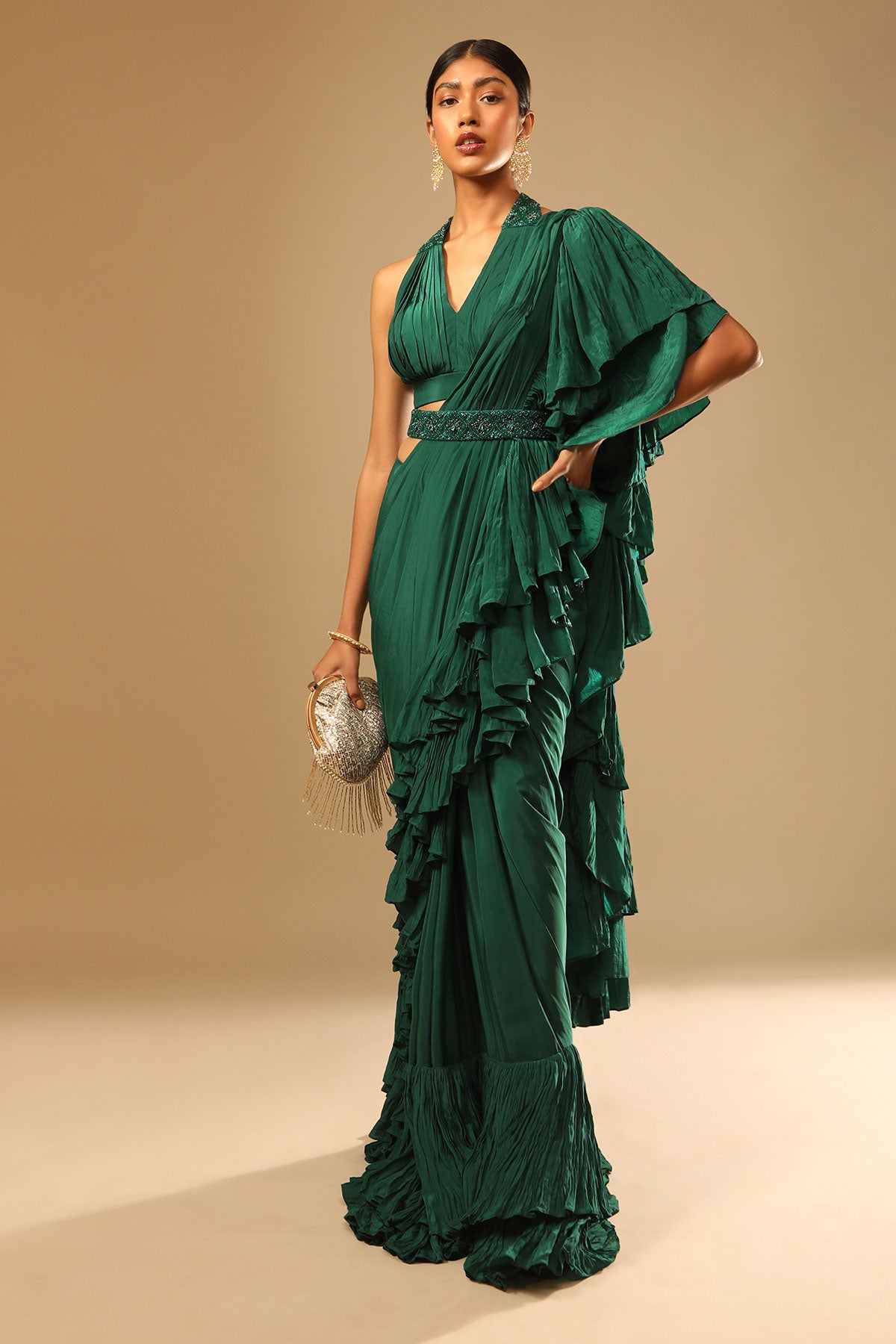 Emerald Green Ready Pleated Ruffle Saree With A Halter Neck Blouse And 3D Embroidered Belt