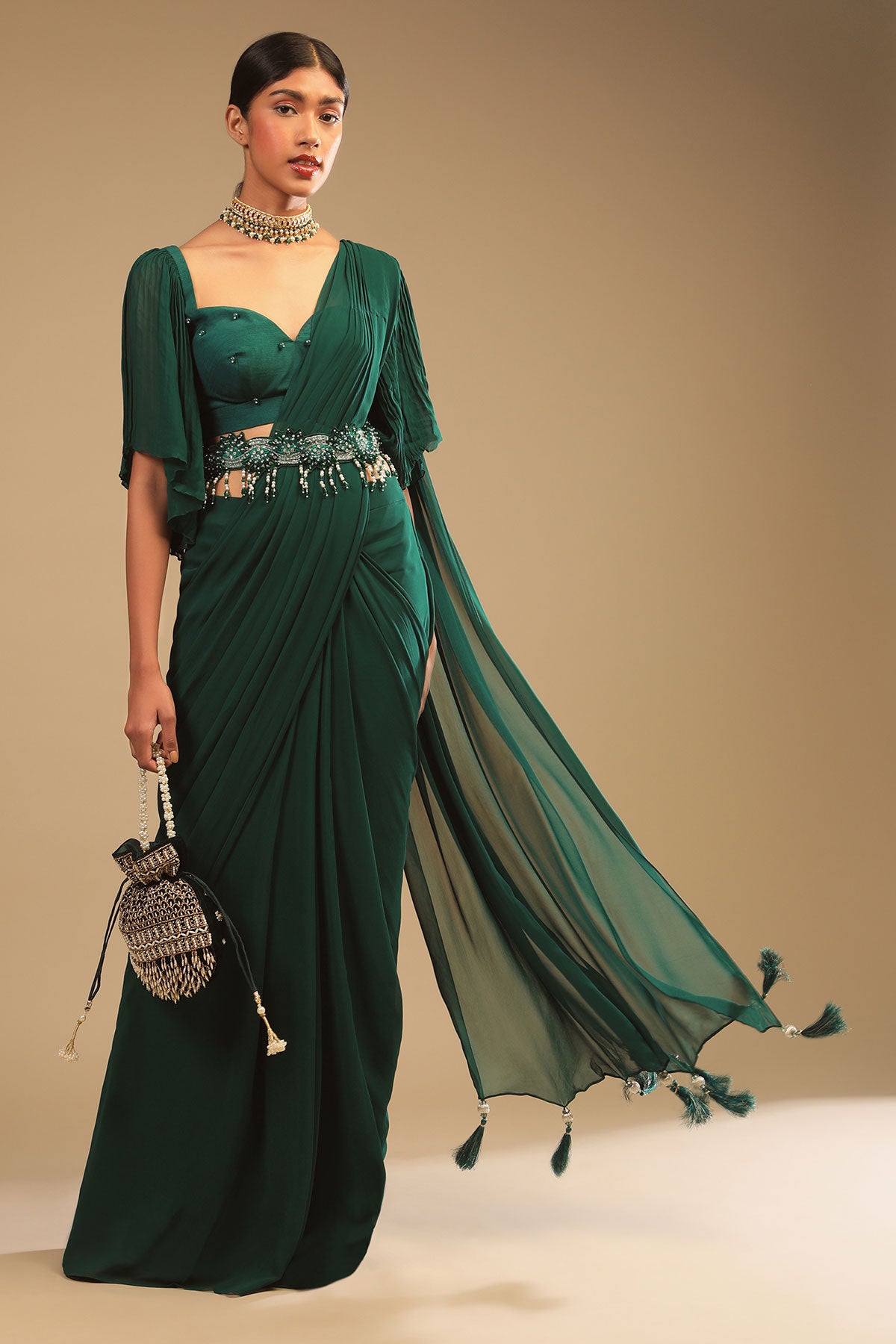 Emerald Green Ready To Wear Saree In Georgette With Bell Sleeves Crop Top And Chunky Embroidered Belt