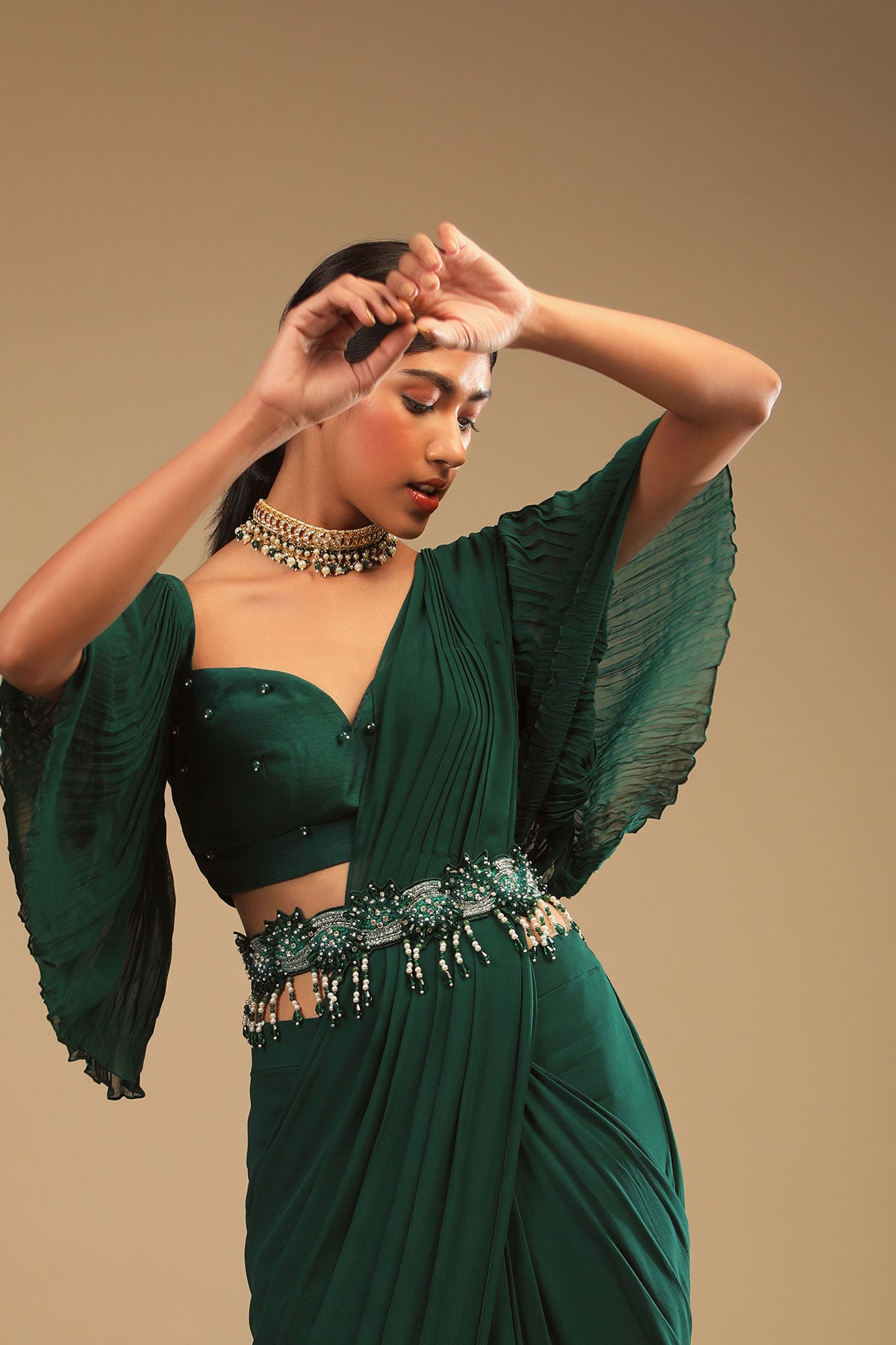 Emerald Green Ready To Wear Saree In Georgette With Bell Sleeves Crop Top And Chunky Embroidered Belt