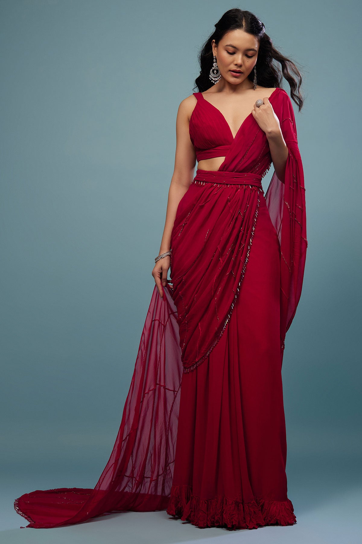 Blood Red Ready-Pleated Saree In Georgette