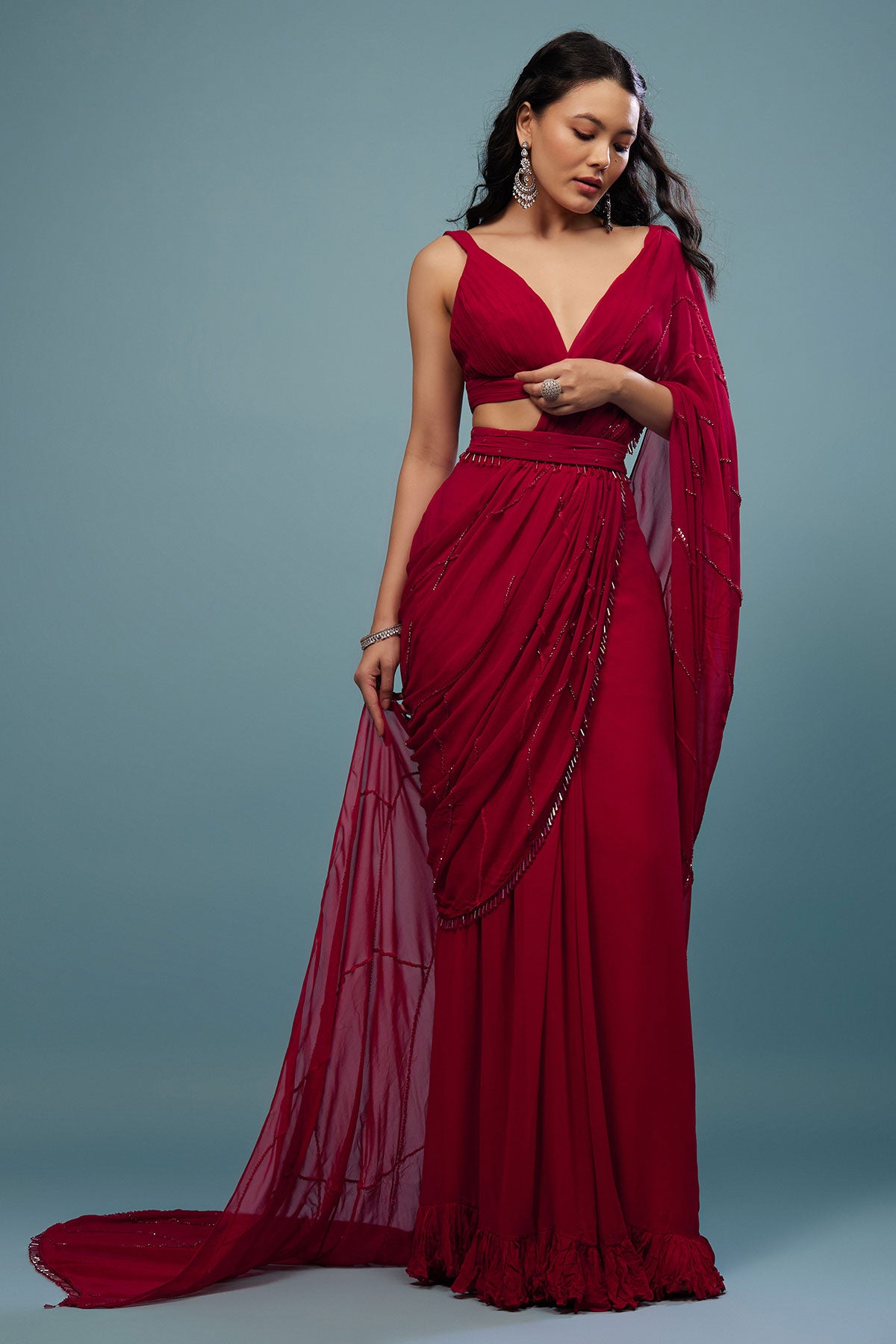 Blood Red Ready-Pleated Saree In Georgette