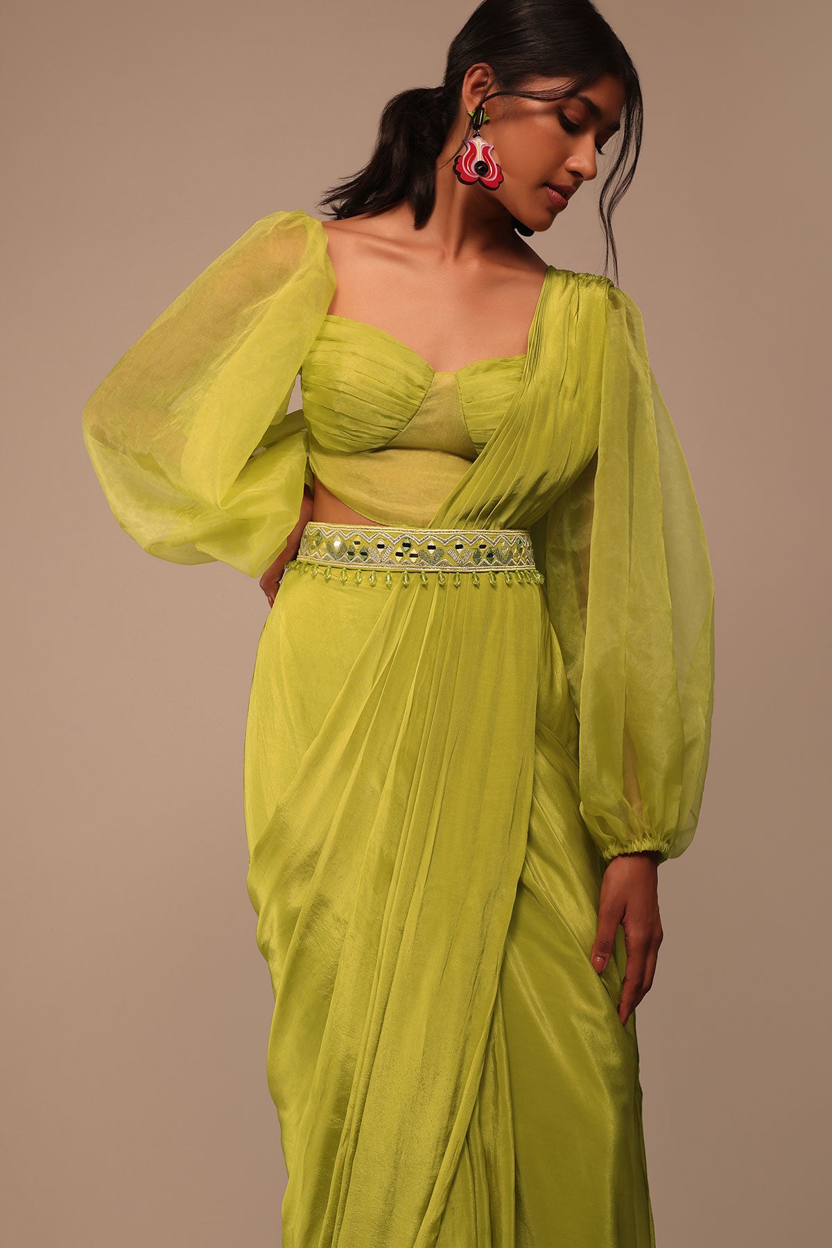 Mustard Yellow Saree With Bishop Sleeve Blouse And Hand Worked Belt