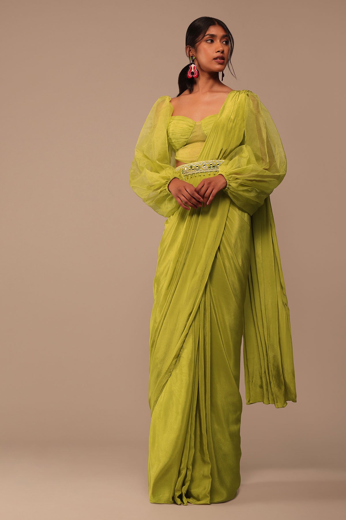 Mustard Yellow Saree With Bishop Sleeve Blouse And Hand Worked Belt