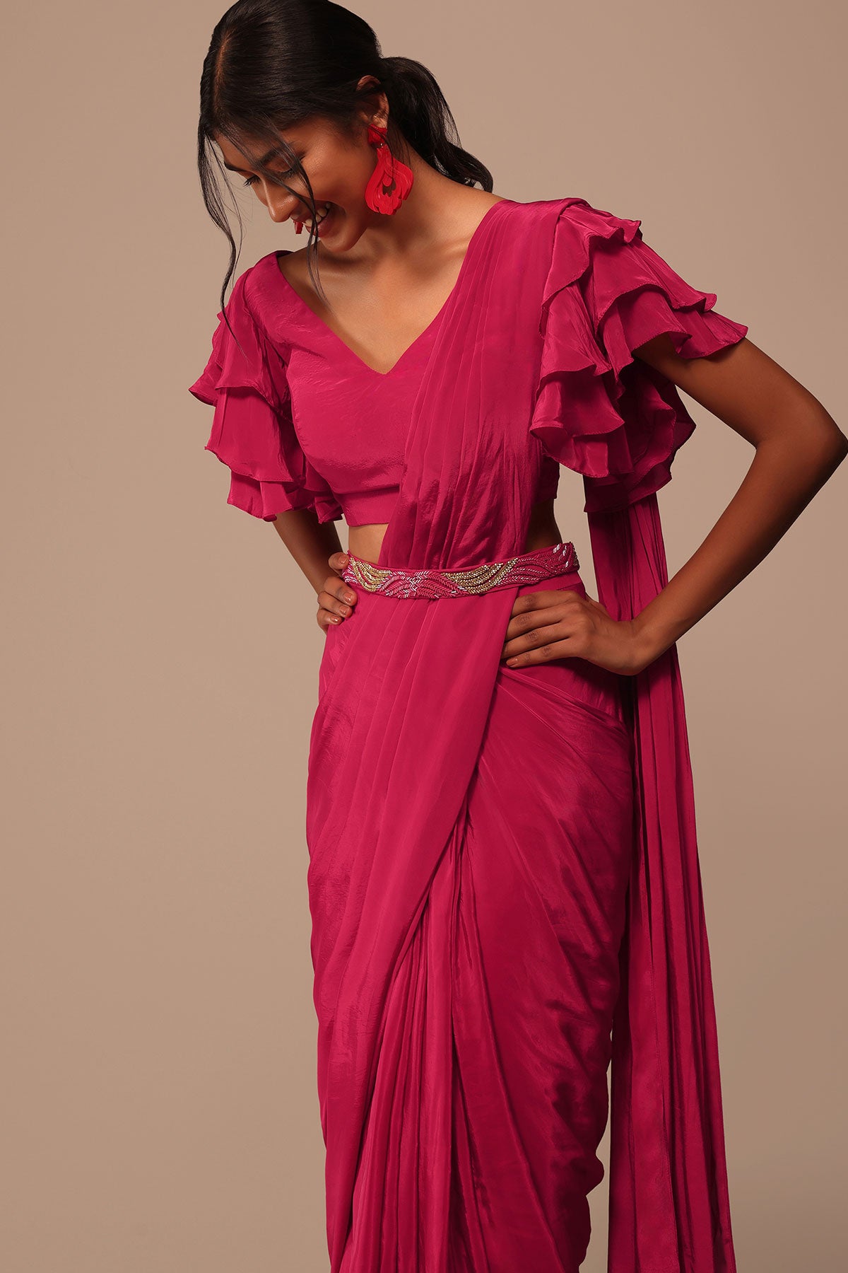 Pink Indo-Western Saree And Layered Sleeves Blouse Set In Crepe