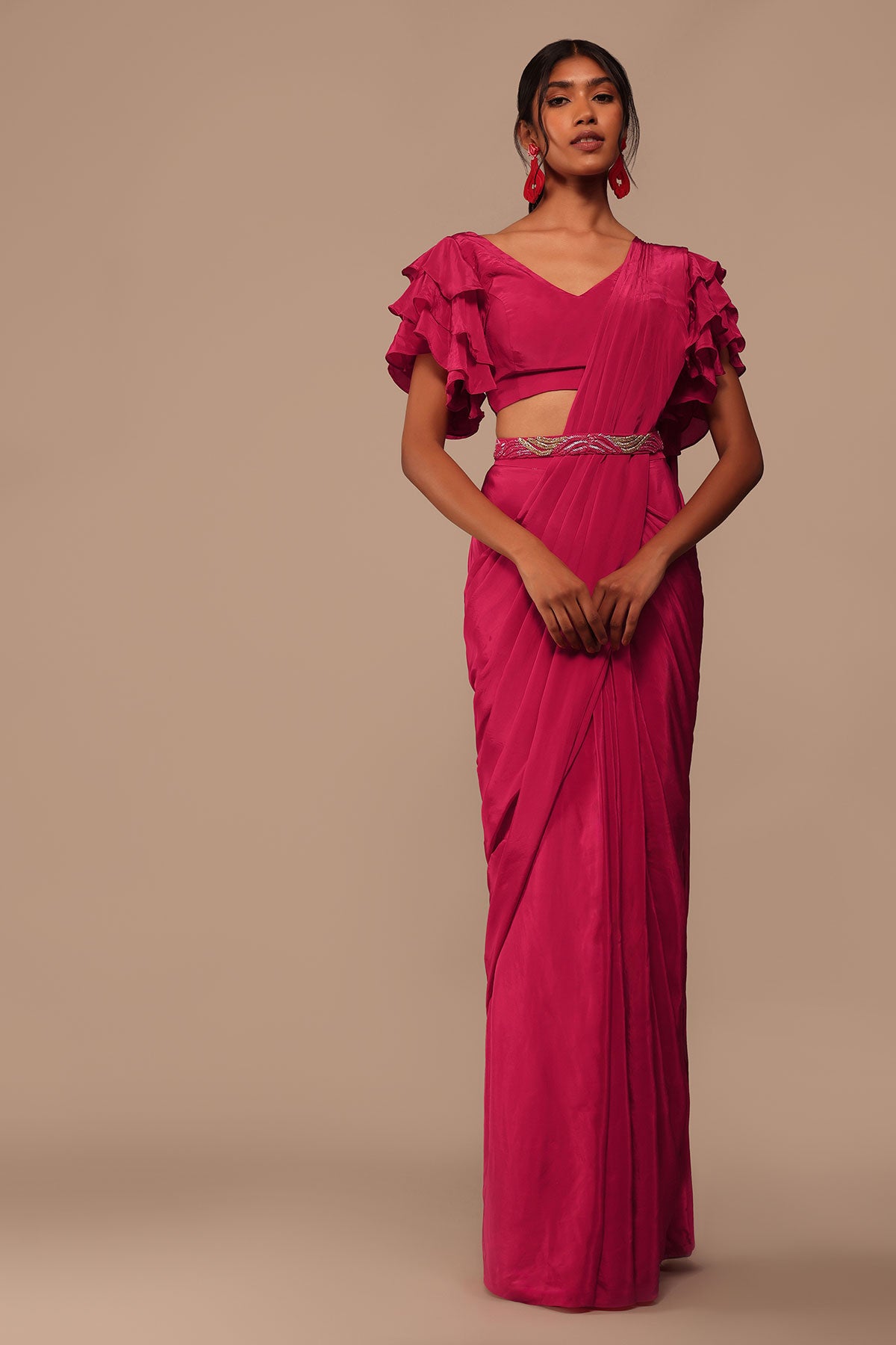 Pink Indo-Western Saree And Layered Sleeves Blouse Set In Crepe