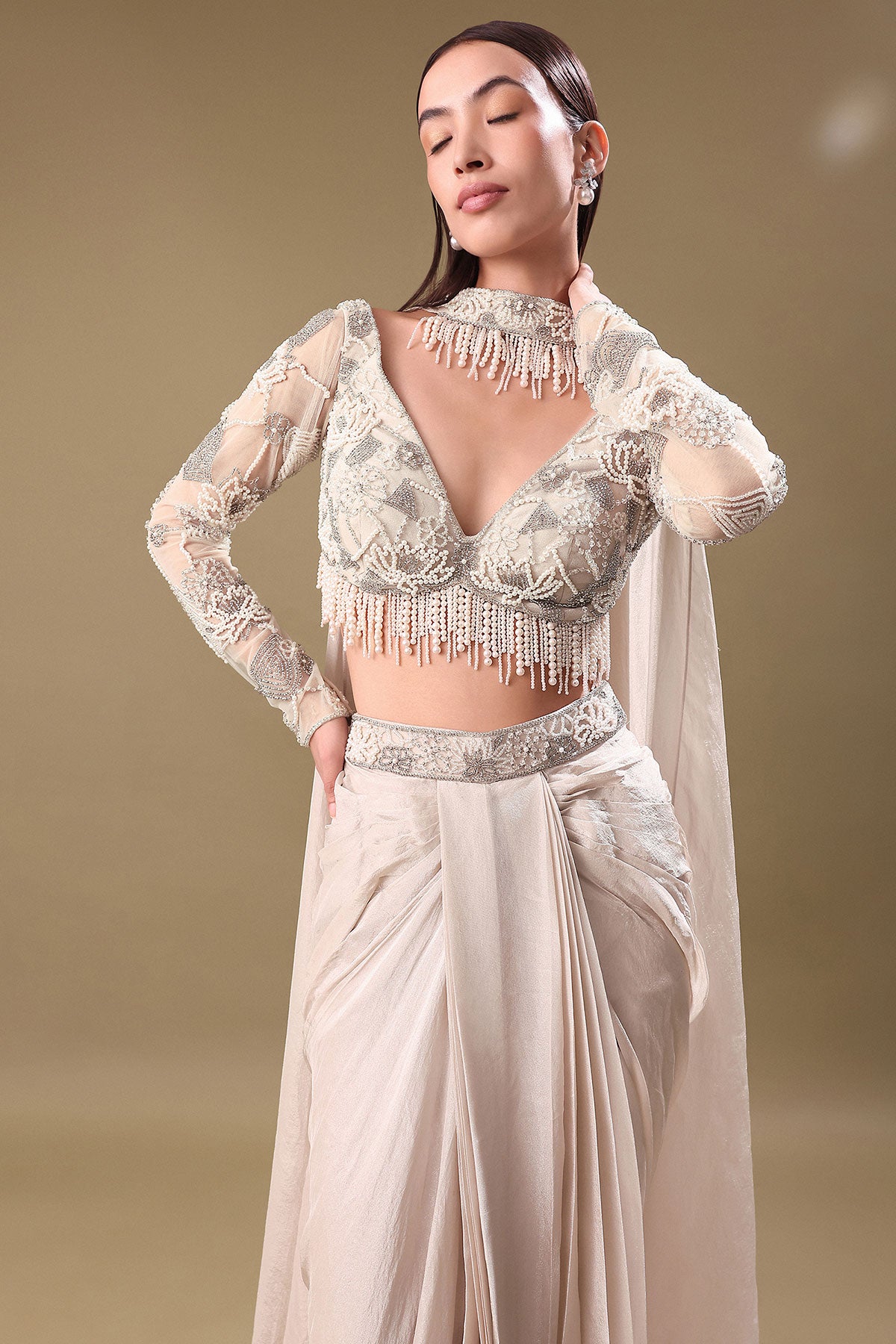 Ivory Pre Drape Tissue Skirt With Full Sleeve Blouse