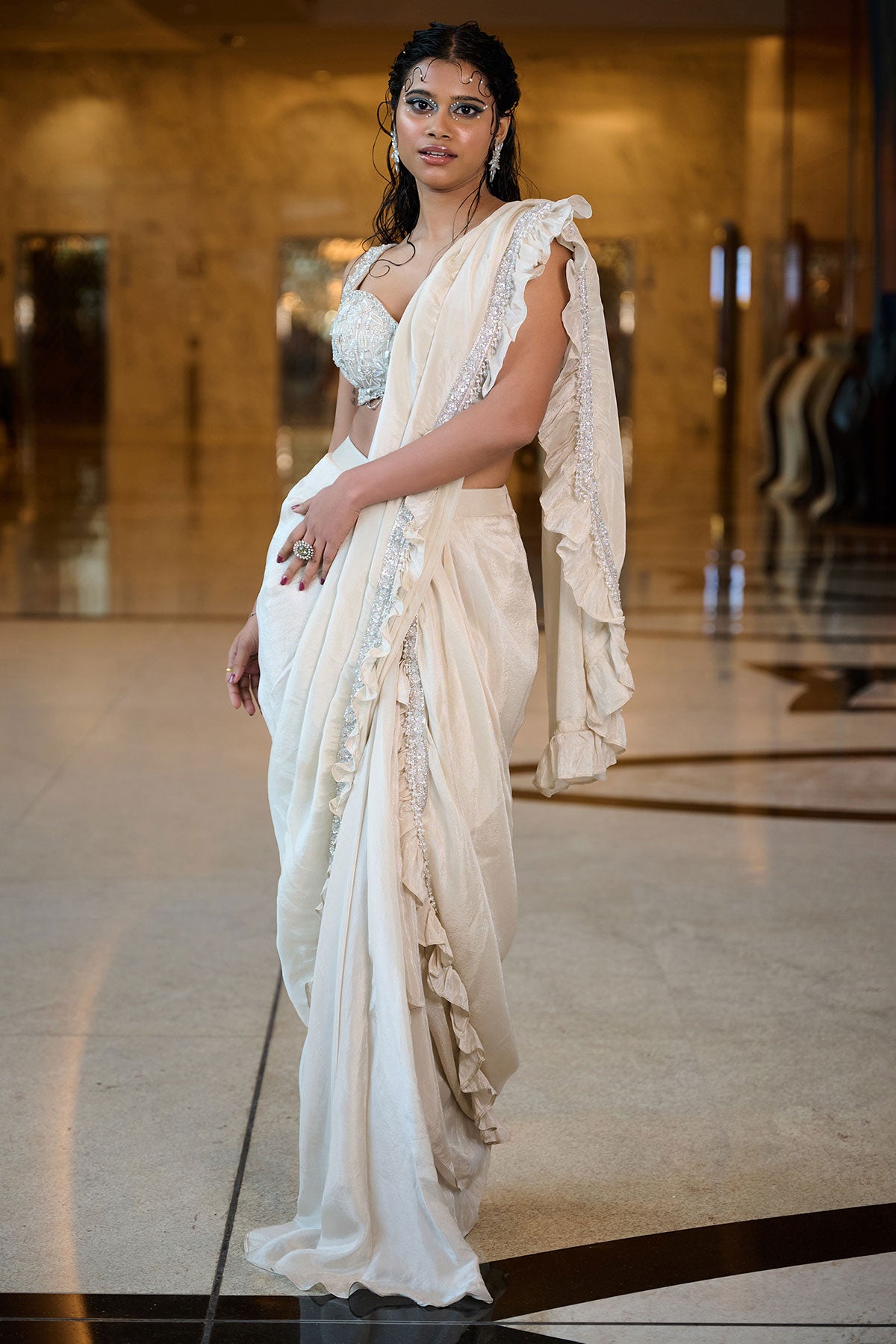 Ivory Pre Stitched Frill Tissue Saree With Blouse