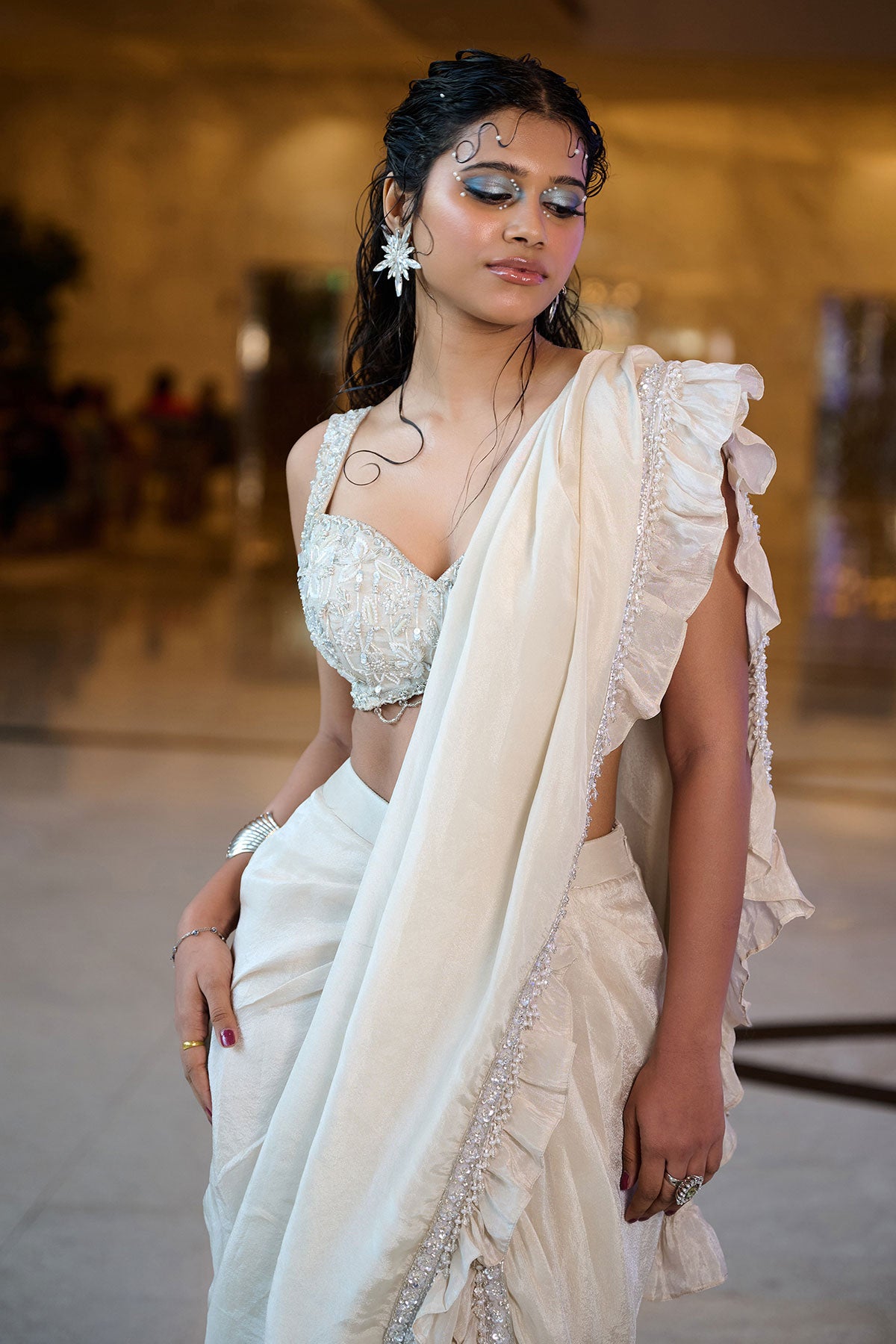 Ivory Pre Stitched Frill Tissue Saree With Blouse