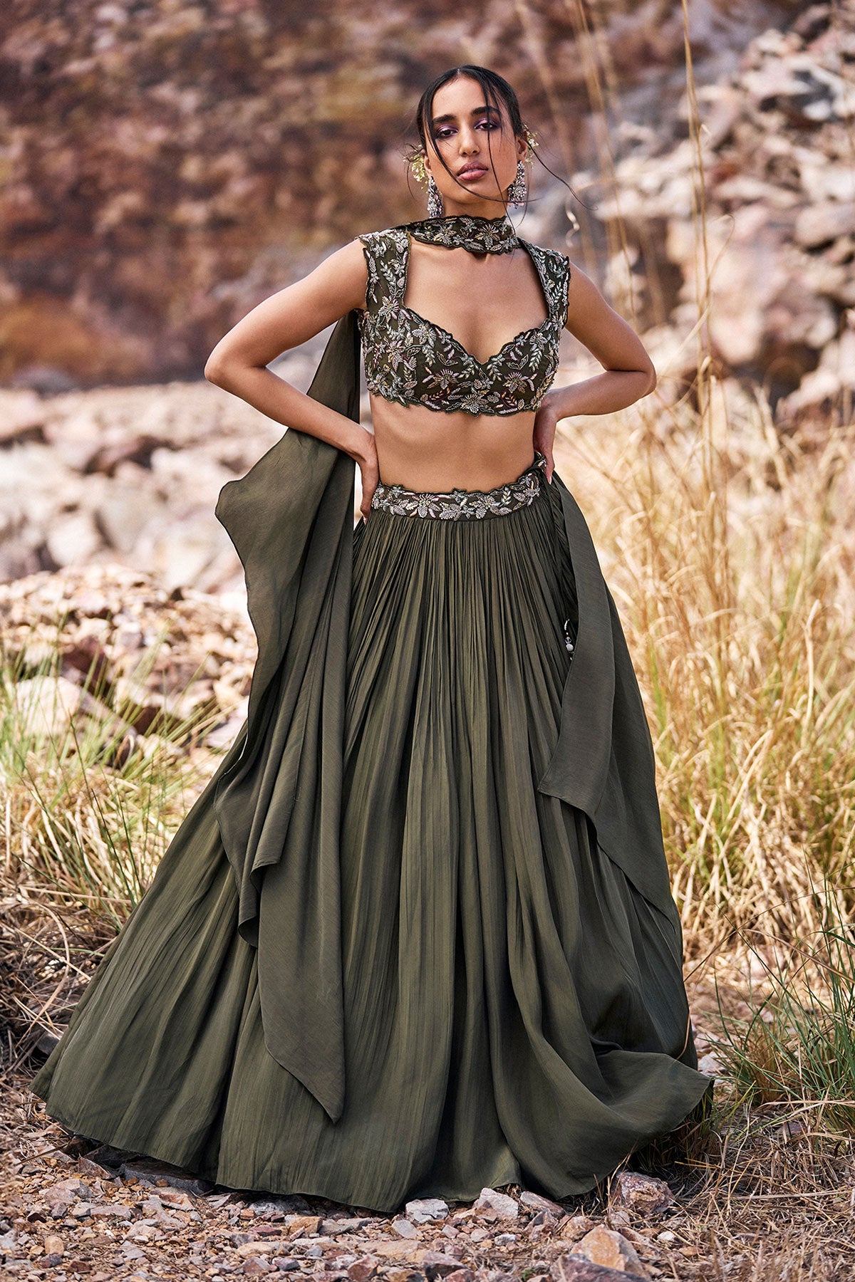 Olive Green Ruched Lehenga With Blouse And Asymmetric Dupatta