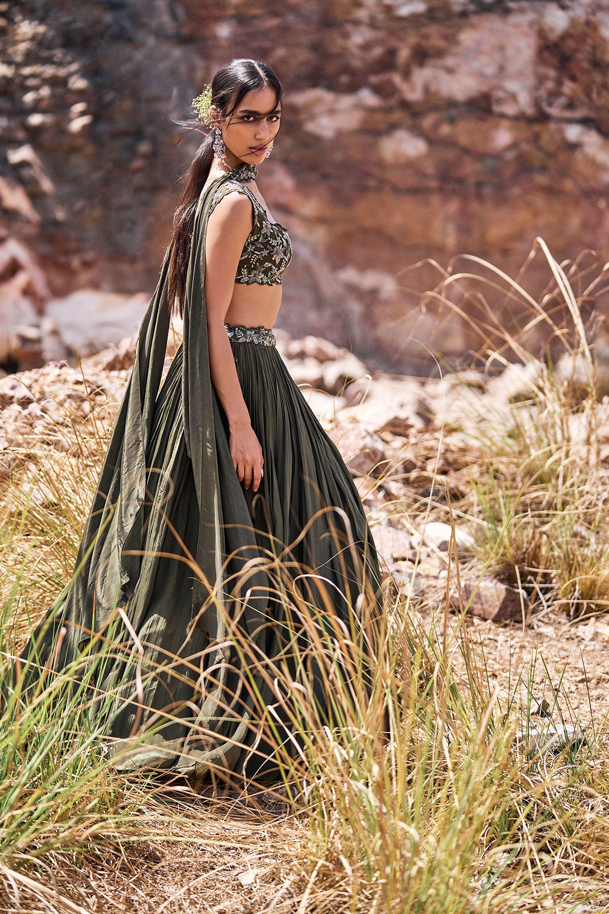 Olive Green Ruched Lehenga With Blouse And Asymmetric Dupatta