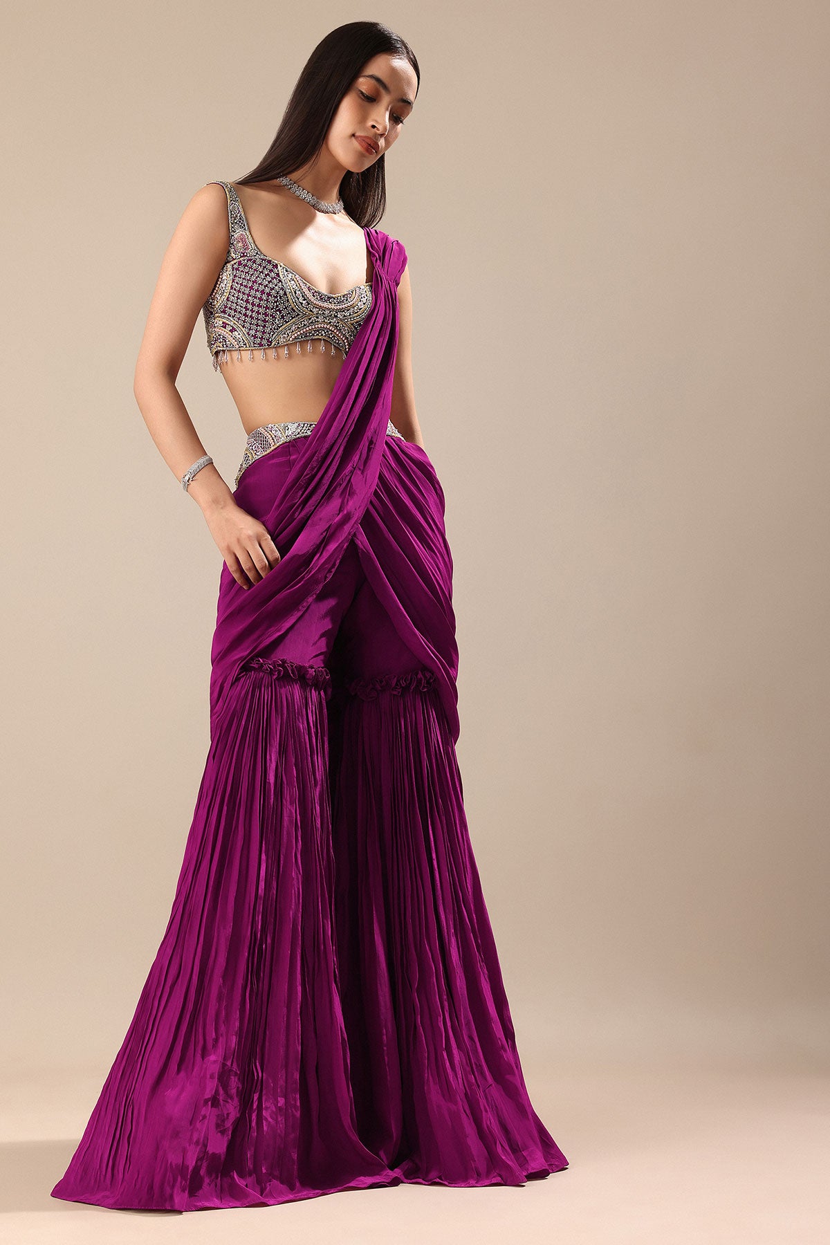 Raspberry Frill Saree With Embroidered Blouse