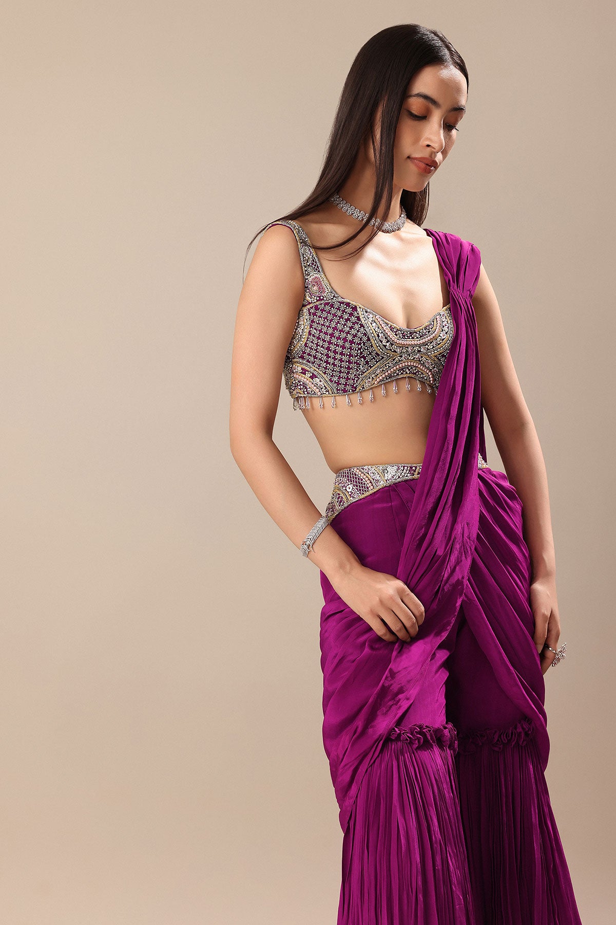 Raspberry Frill Saree With Embroidered Blouse