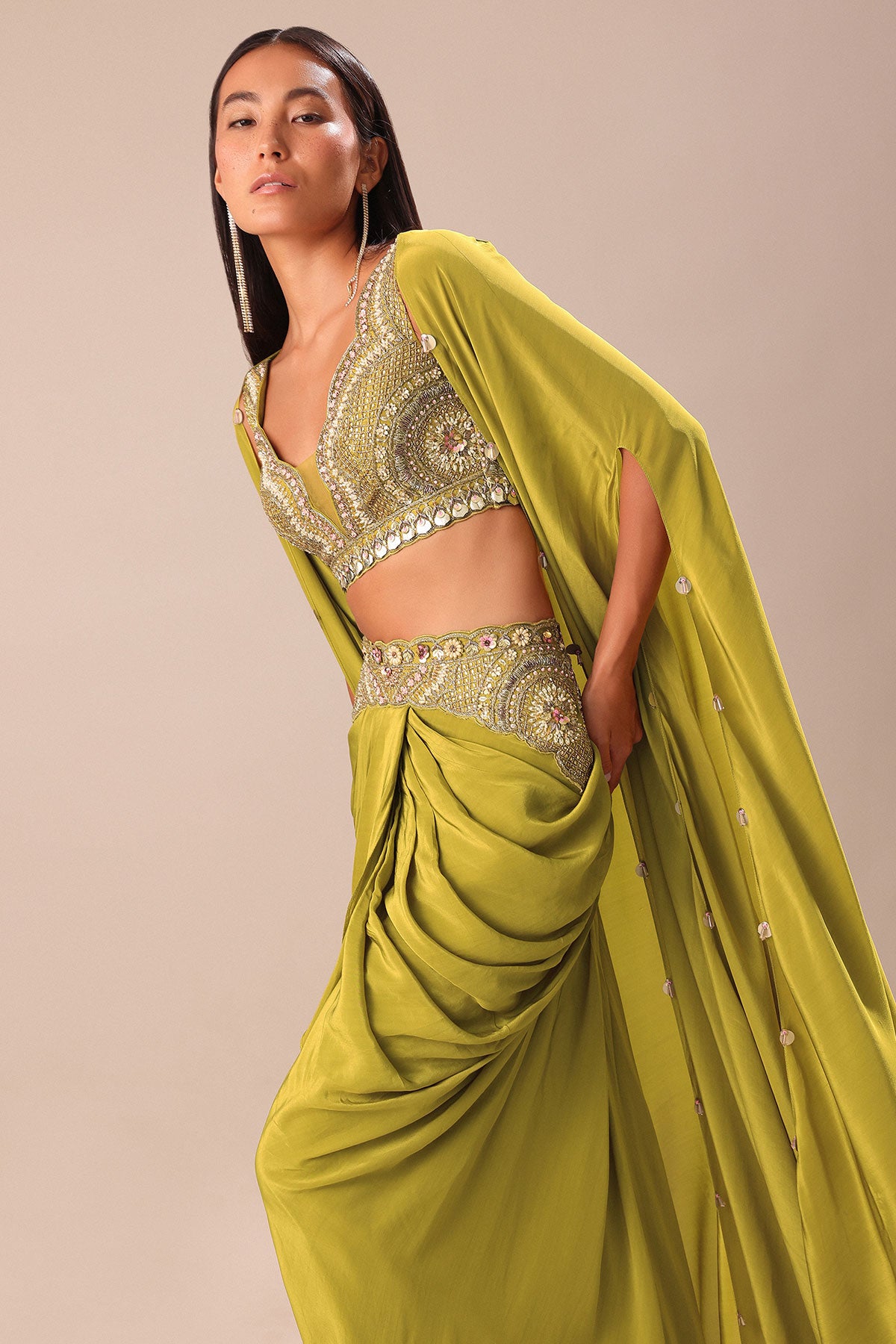 Lime Green Dhoti With Embroidered Blouse And Cape