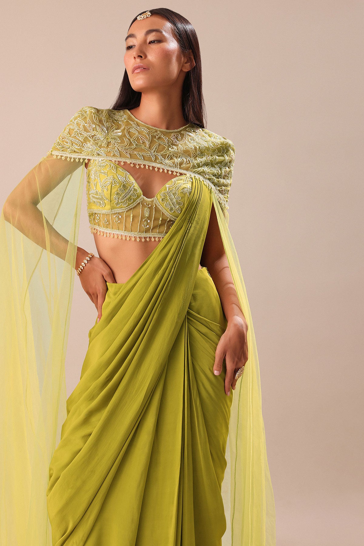 Green Pre Stitched Saree With Blouse And Zardozi Draped Cape