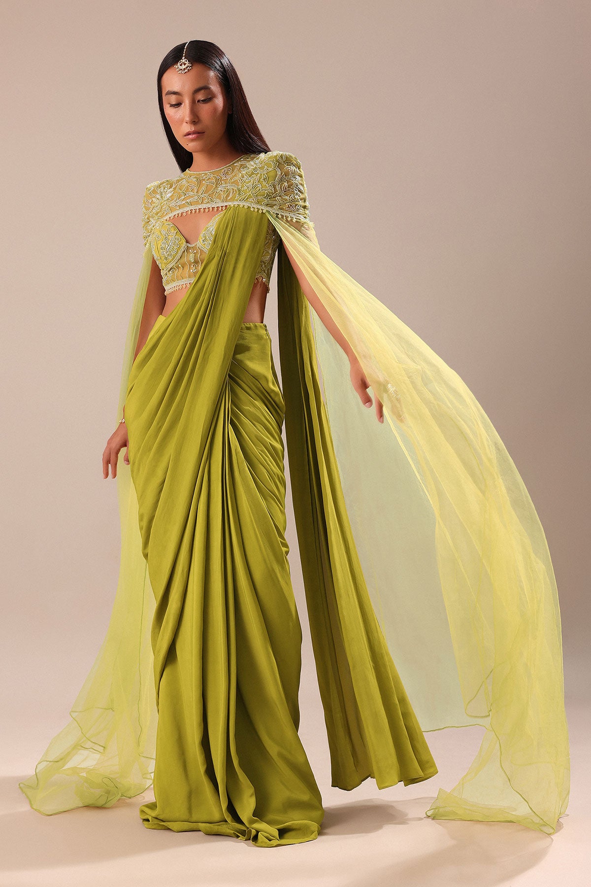 Green Pre Stitched Saree With Blouse And Zardozi Draped Cape