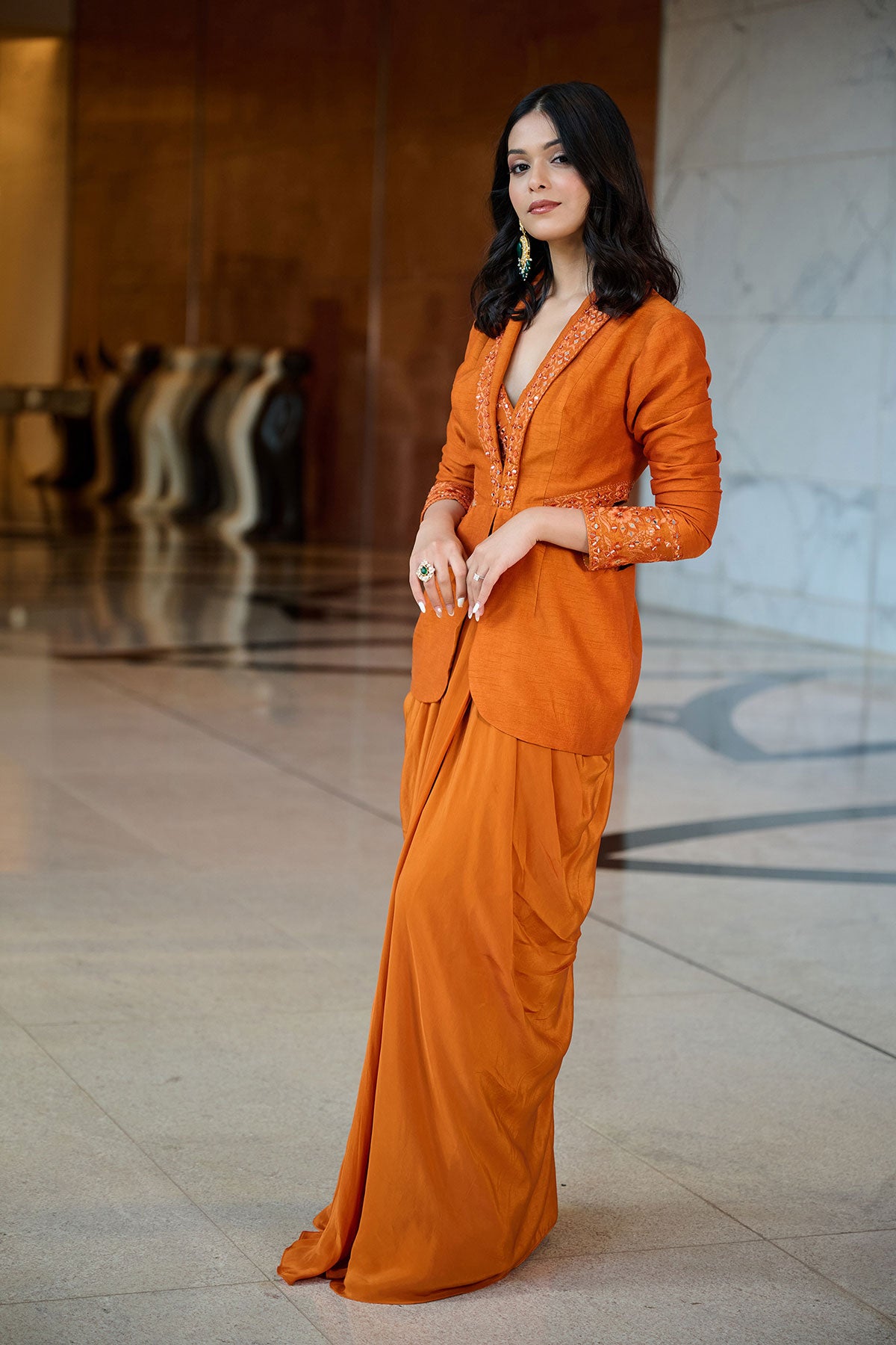 Rust Organza Jacket With Bustier And Draped Skirt