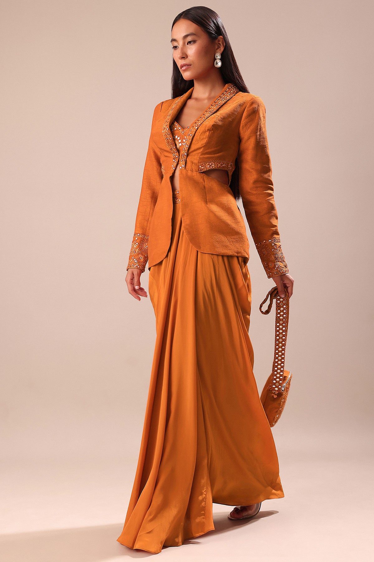 Rust Organza Jacket With Bustier And Draped Skirt