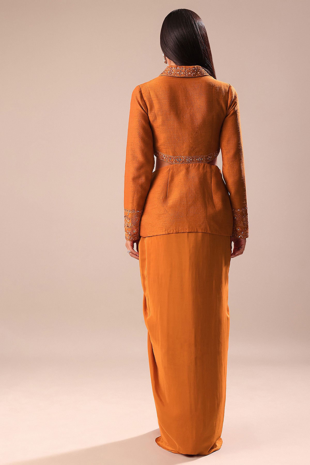 Rust Organza Jacket With Bustier And Draped Skirt