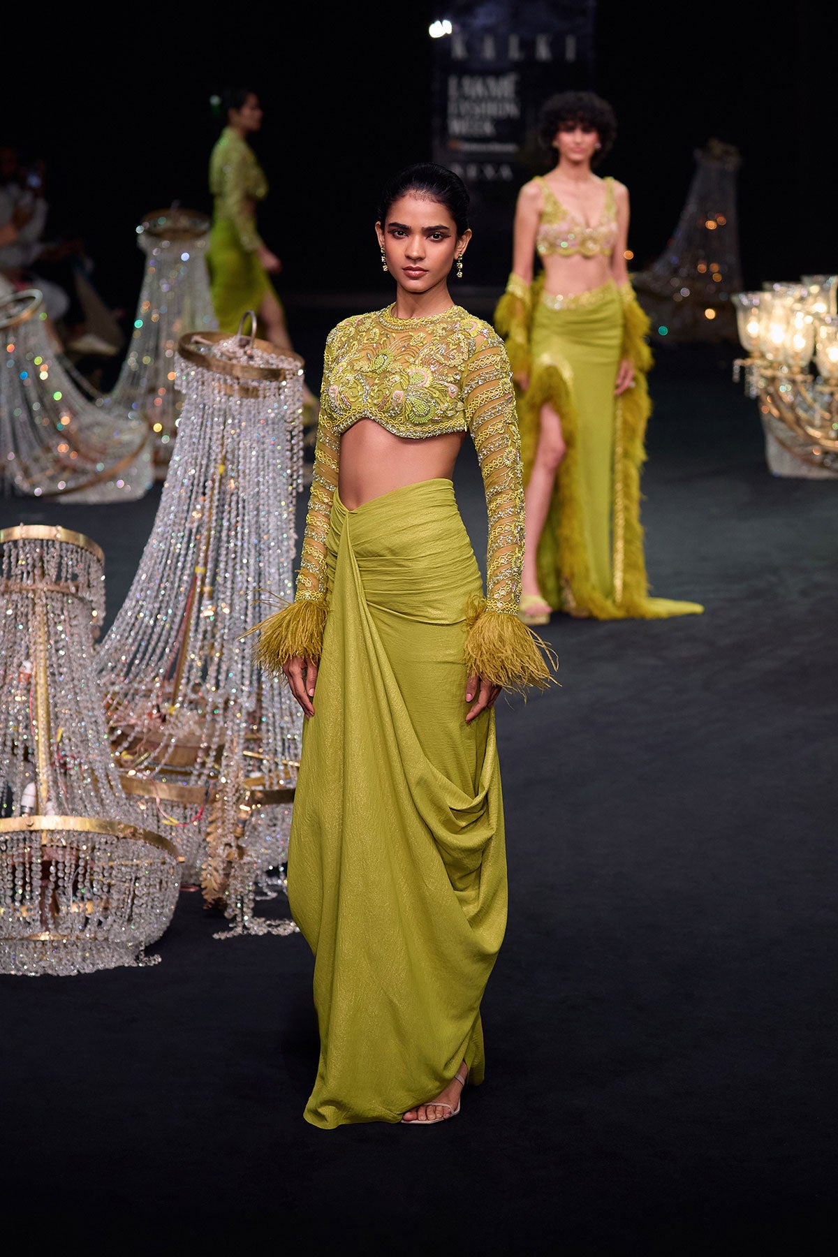 Citrus Green Satin Net Draped Trail Skirt With Feather Embellished Bustier
