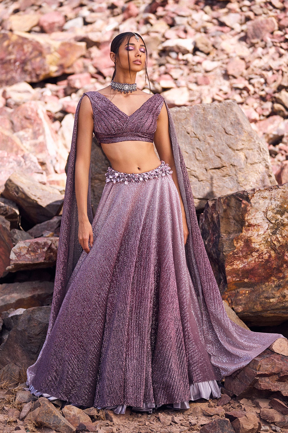 Lilac Crushed Shimmer Lehenga With Blouse And Cape