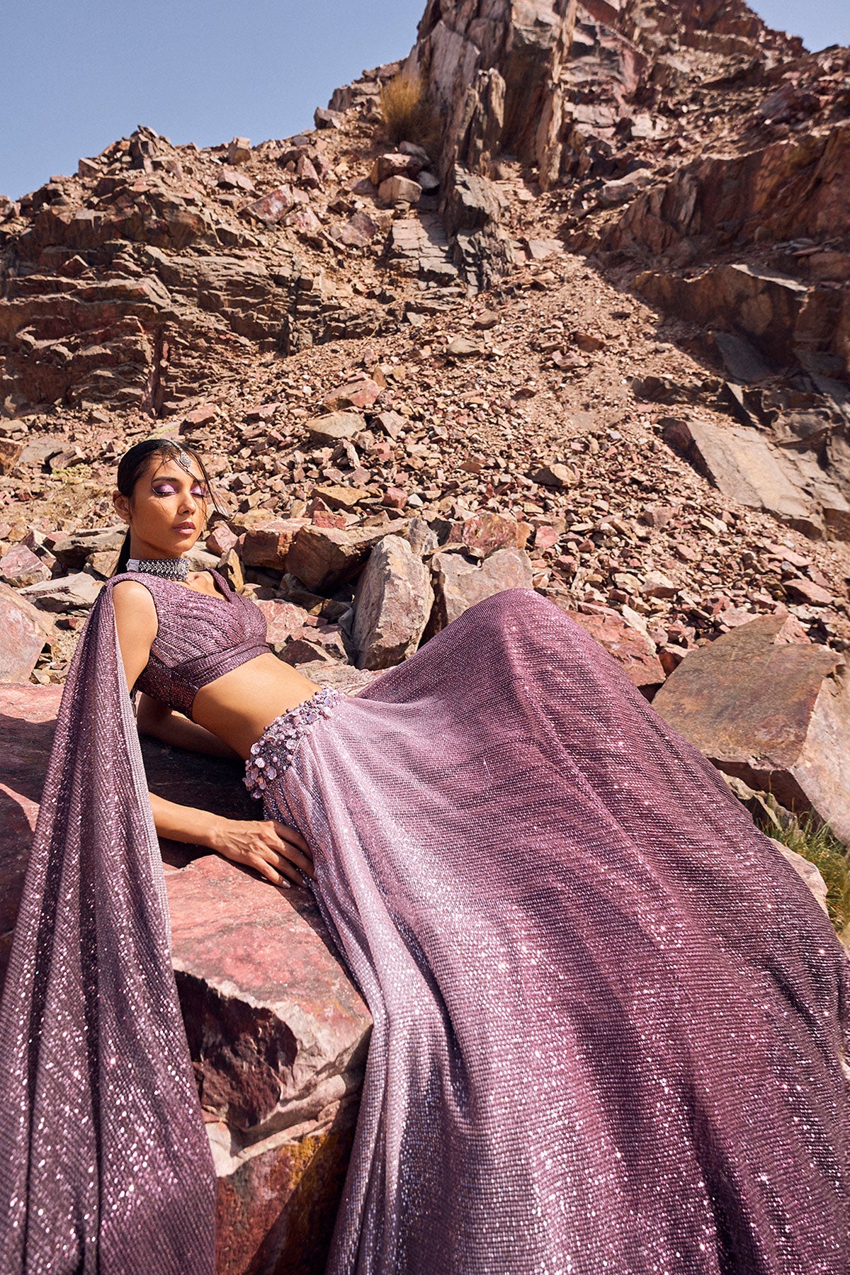 Lilac Crushed Shimmer Lehenga With Blouse And Cape