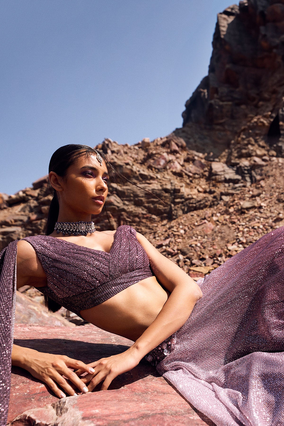 Lilac Crushed Shimmer Lehenga With Blouse And Cape