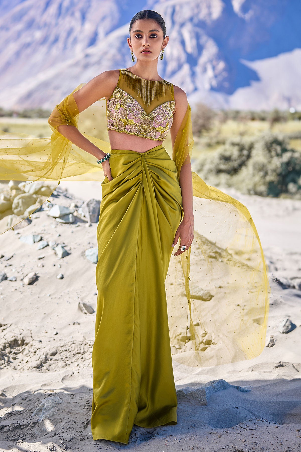 Green Satin Drape Skirt With Embroidered Blouse And Net Cape