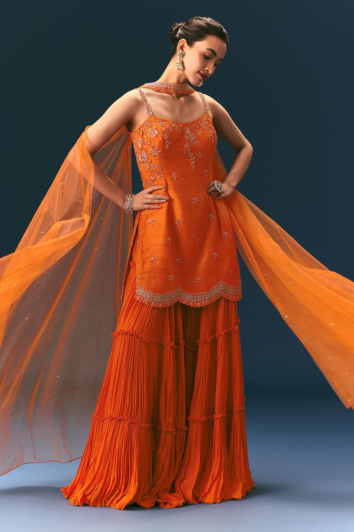 Orange Raw Silk Hand Work Kurti Sharara With Choker Dupatta