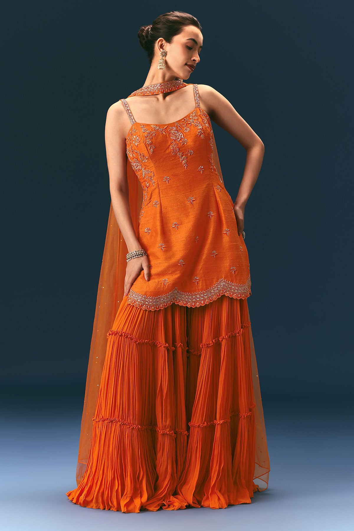 Orange Raw Silk Hand Work Kurti Sharara With Choker Dupatta