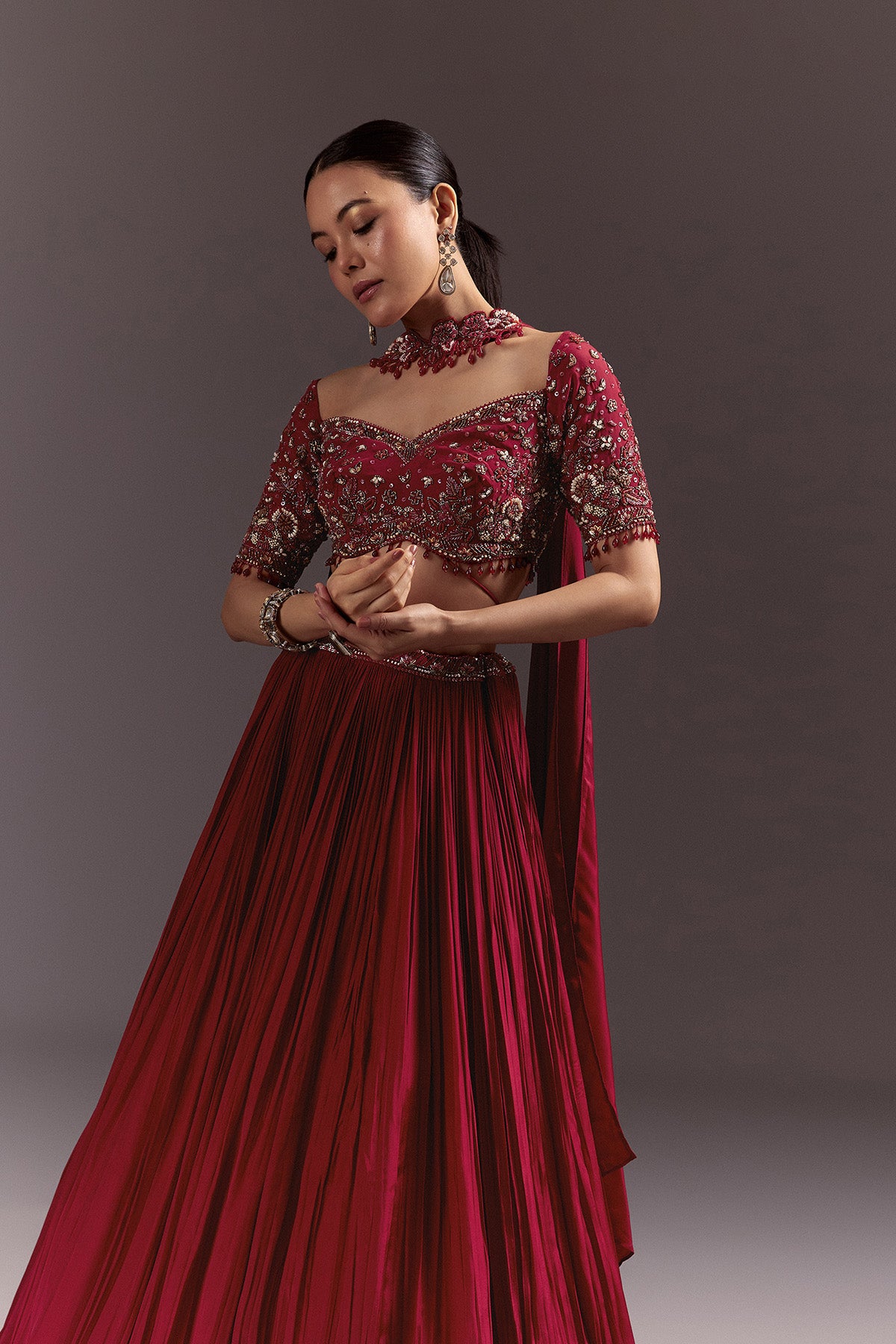 Red Crepe Hand Embroidered Lehenga Set With Dupatta