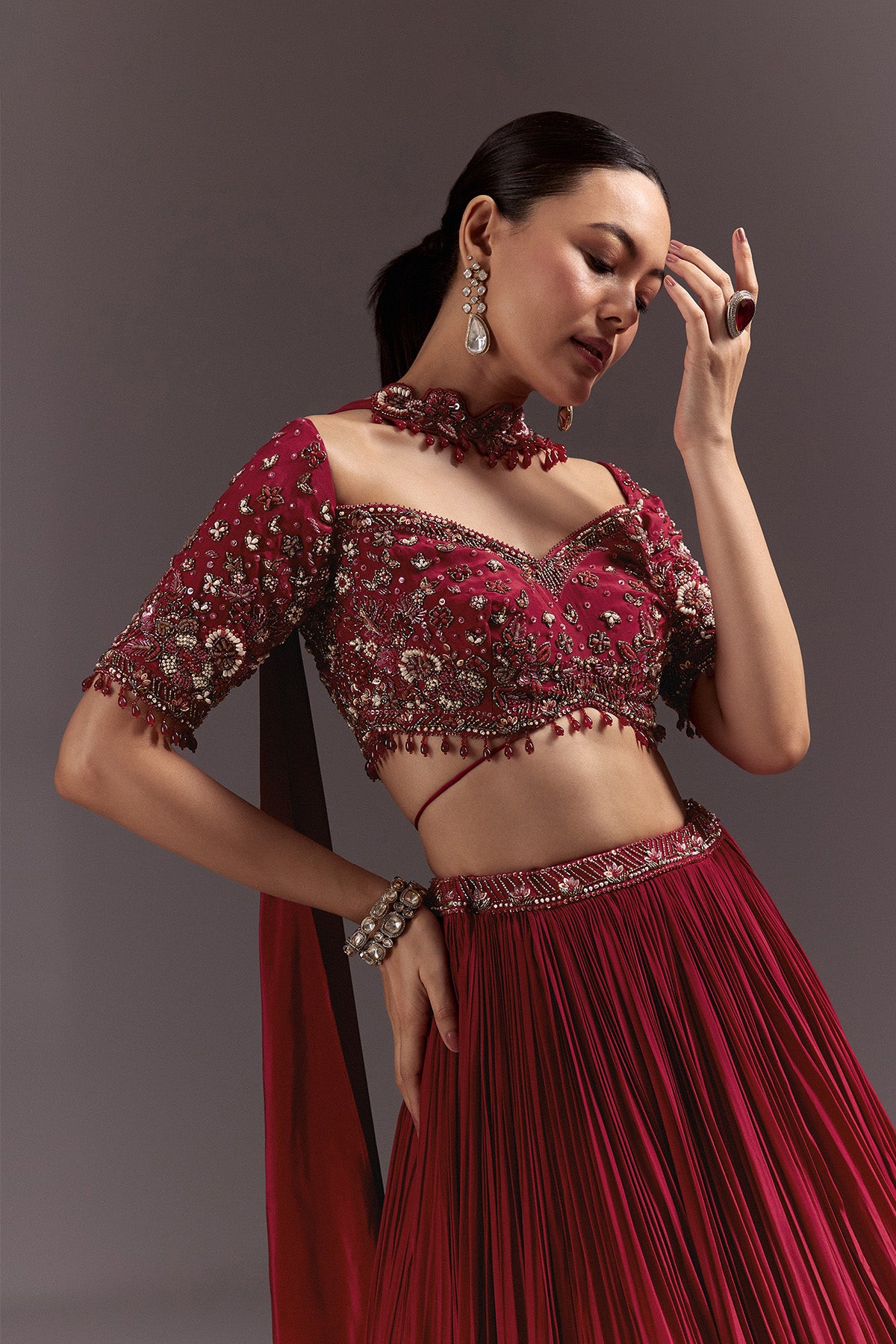 Red Crepe Hand Embroidered Lehenga Set With Dupatta